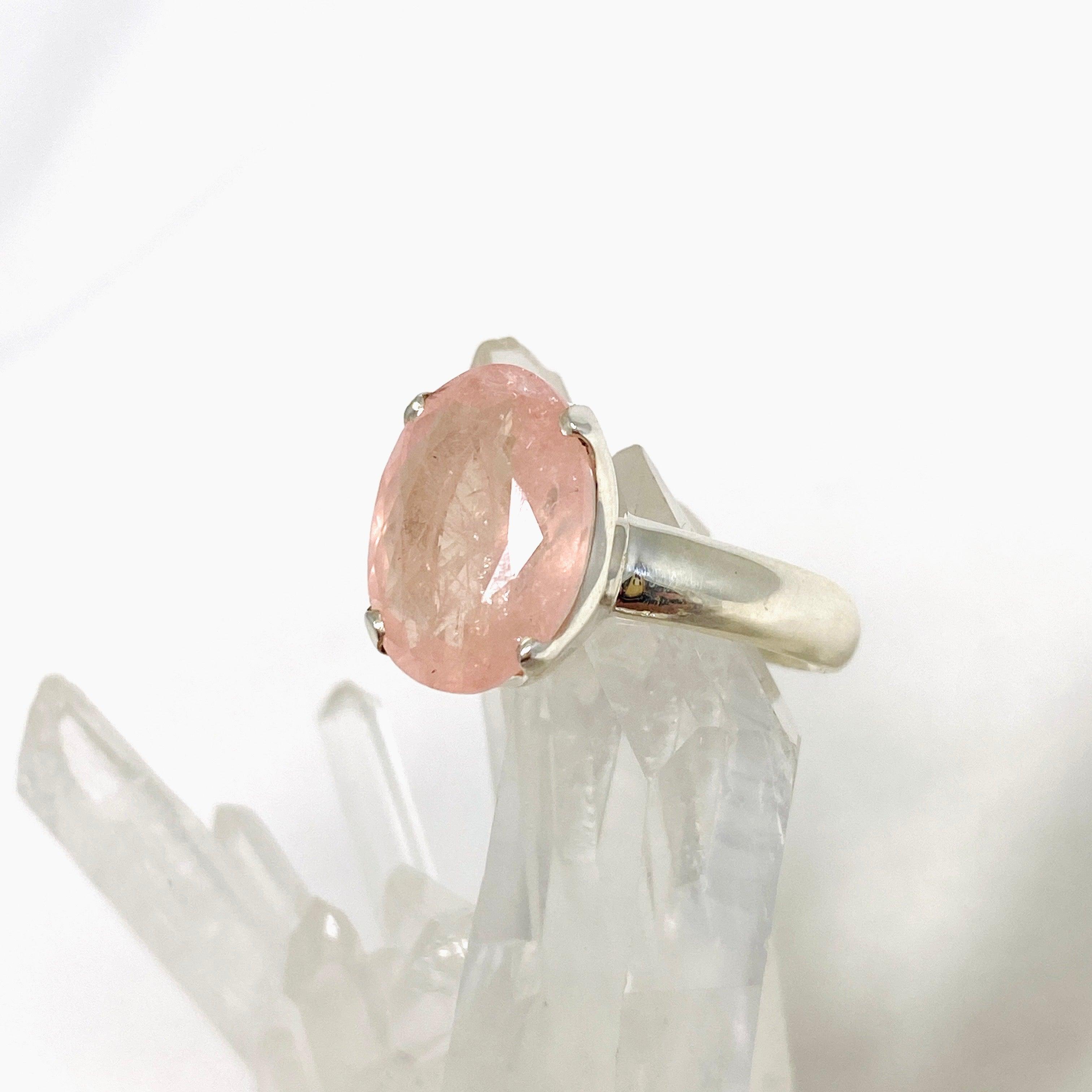 Morganite Faceted Oval Ring - Size 9 Sterling Silver Jewelry for Women, Elegant Engagement & Wedding Gift - PRGJ440