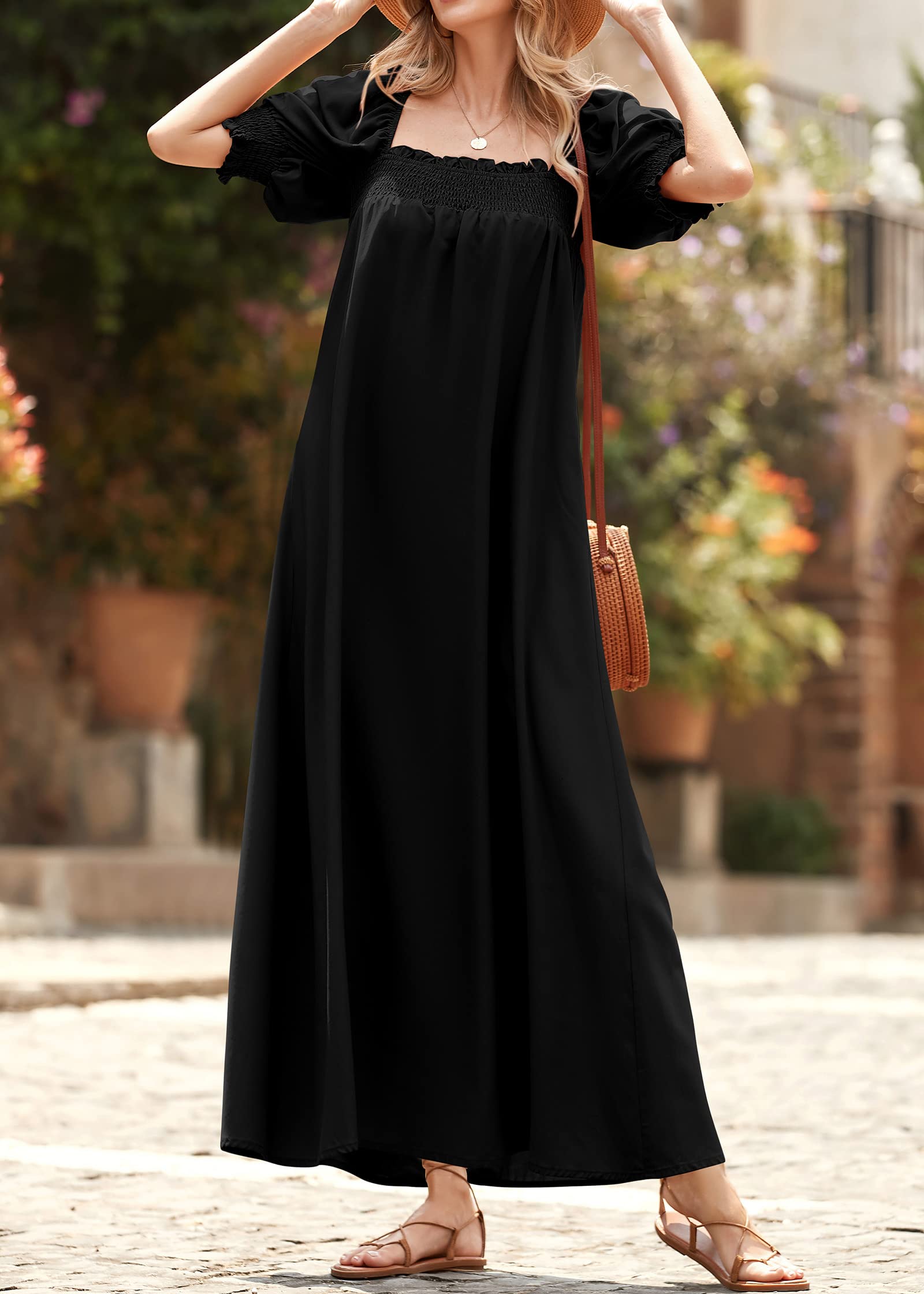 KIRUNDO Women's 2025 Summer Maxi Dress - Casual Loose Puff Sleeve Square Neck Maternity Beach Dress with Pockets | Flowy Long Dress for Pregnancy, Vacation, and Outdoor Activities