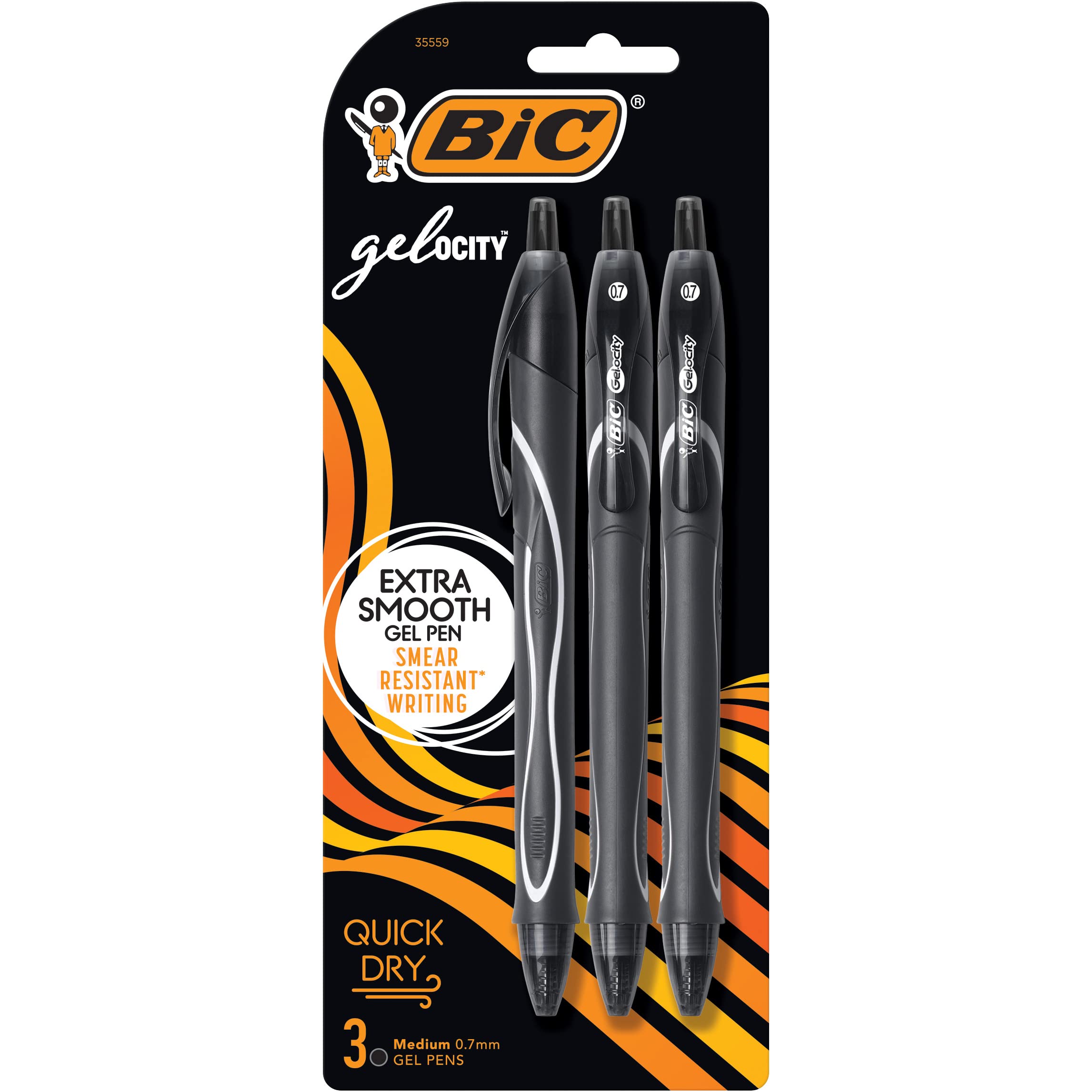 BIC Gel-Ocity Quick Dry Retractable Gel Pens - 0.7mm Medium Point Black Ink Pens (3-Pack) for Office, School, Note Taking & Smooth Writing