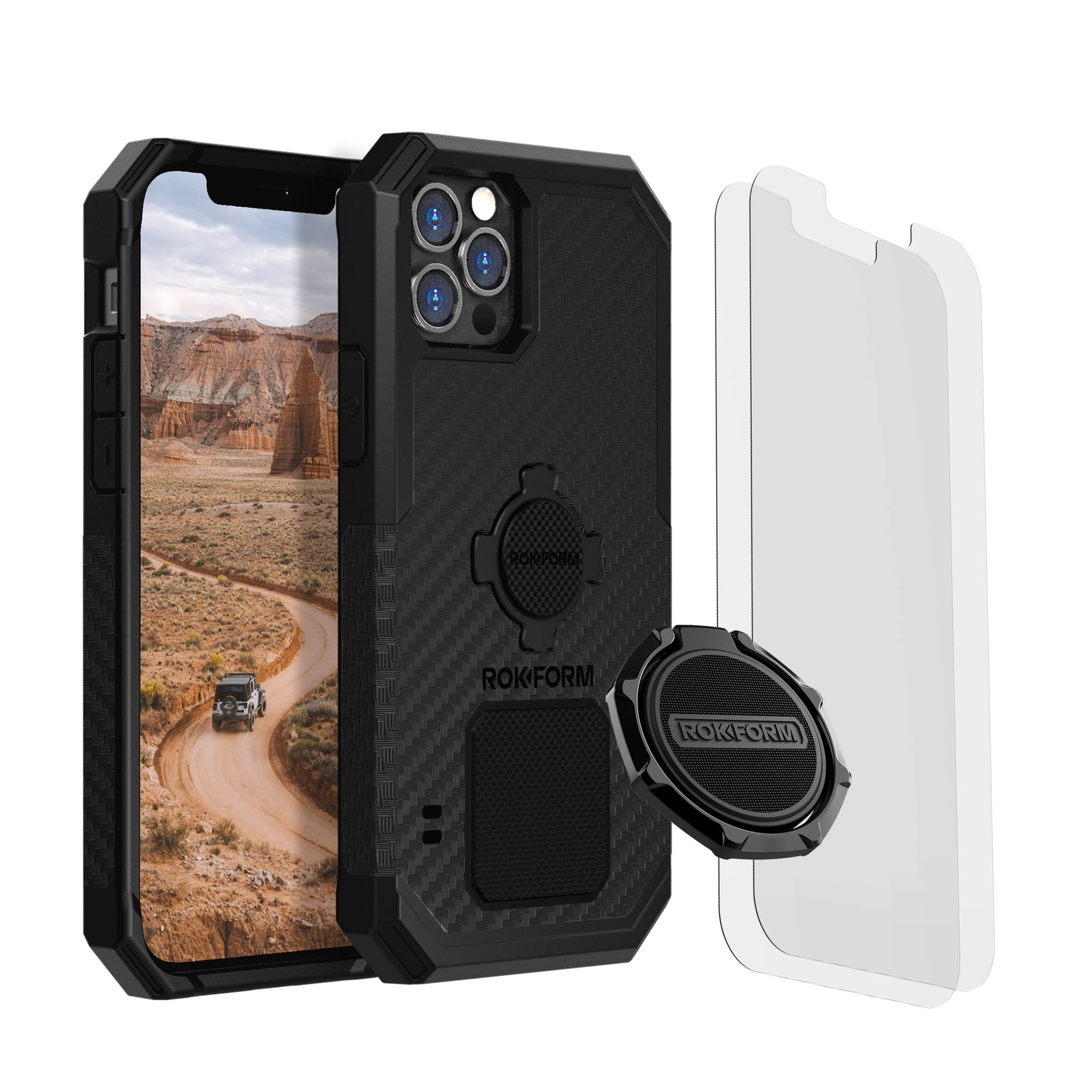 Rokform Rugged Case for iPhone 12 Pro & iPhone 12 - Magnetic Sport Ring Stand with Grip + 2-Pack Screen Protector Kit | Shockproof Protective Cover for Outdoor Sports, Cycling & Daily Use