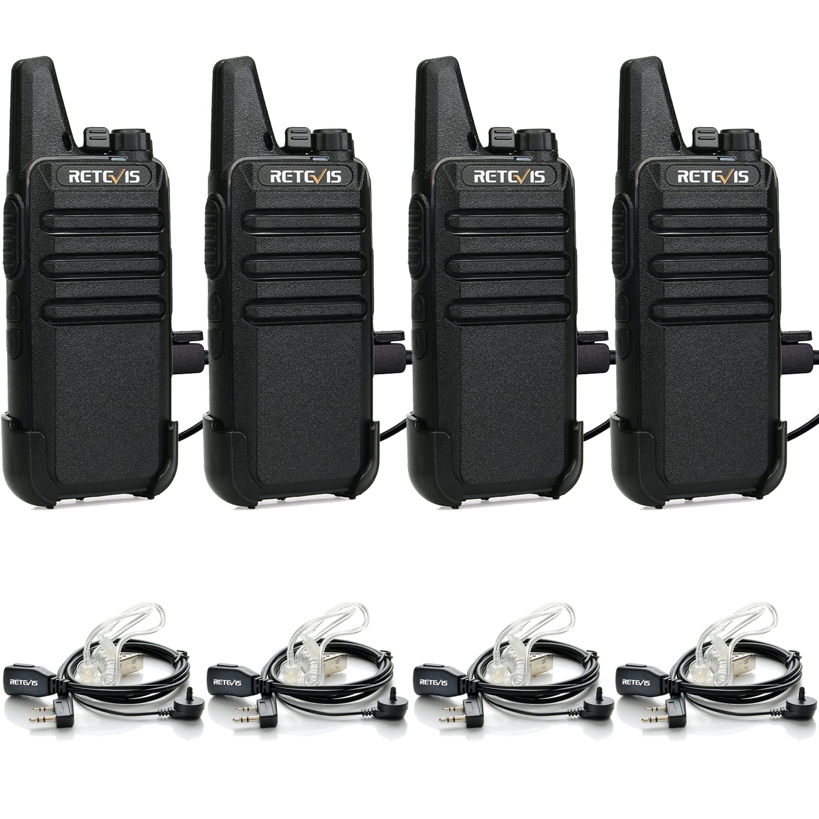 Retevis RT22 Long Range Walkie Talkies - 16 Channel Two Way Radio with VOX, Rechargeable Batteries & 2 Pin Covert Earpiece - Ideal for Commercial Use, Schools, Hiking, Camping, Farms & Outdoor Adventures (4 Pack)