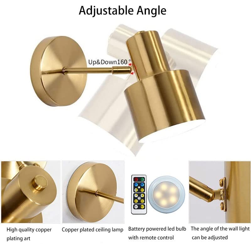 KEFA Modern Battery Operated Wall Sconces Set of 2 - Wireless Brass Gold Wall Lights with Dimmable LED & Remote Control - Perfect for Bathroom Vanity, Dresser, Bedroom Nightstand and Living Room Accent Lighting