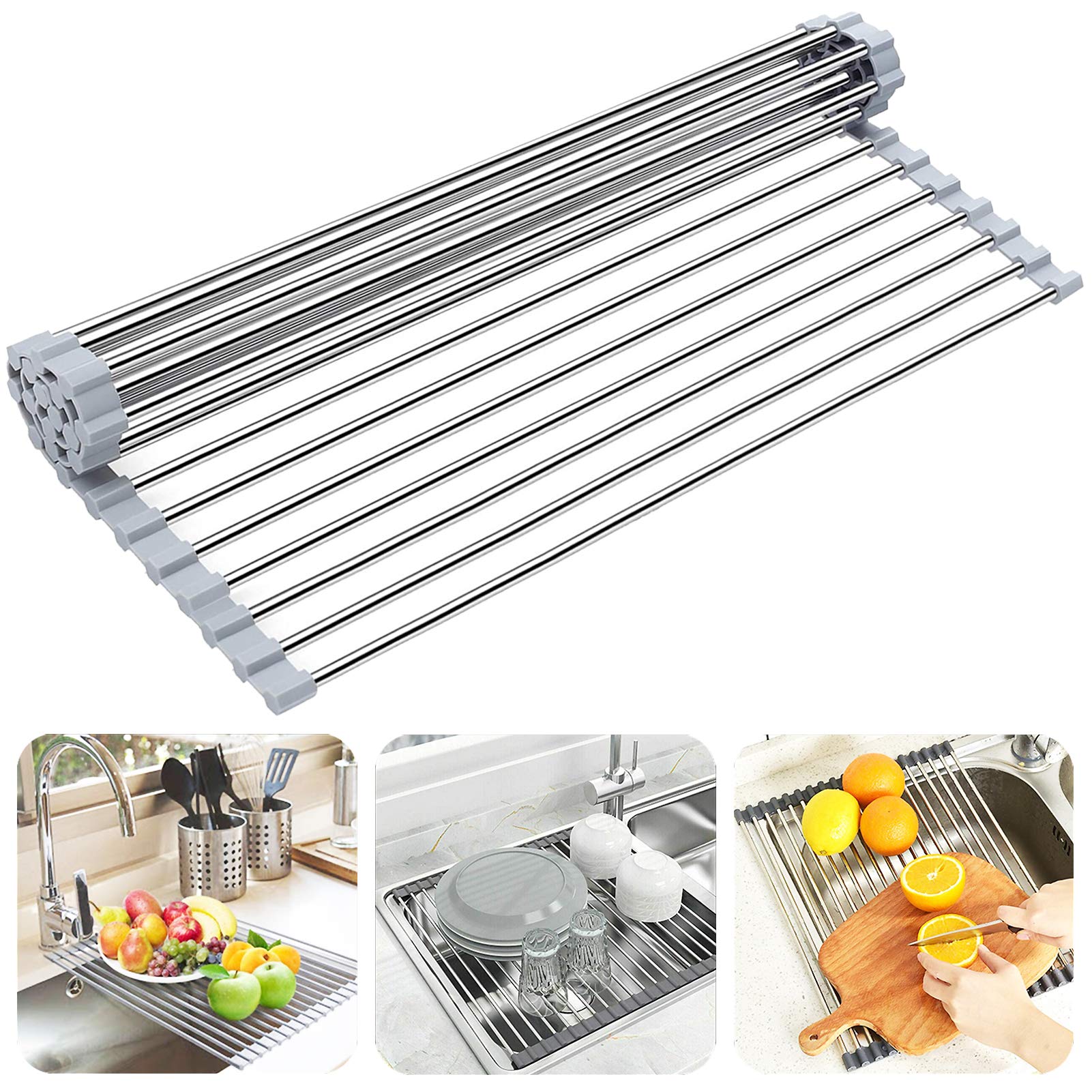 Searik Foldable Stainless Steel Dish Drying Rack - Over The Sink Space Saving Kitchen Organizer (20.5