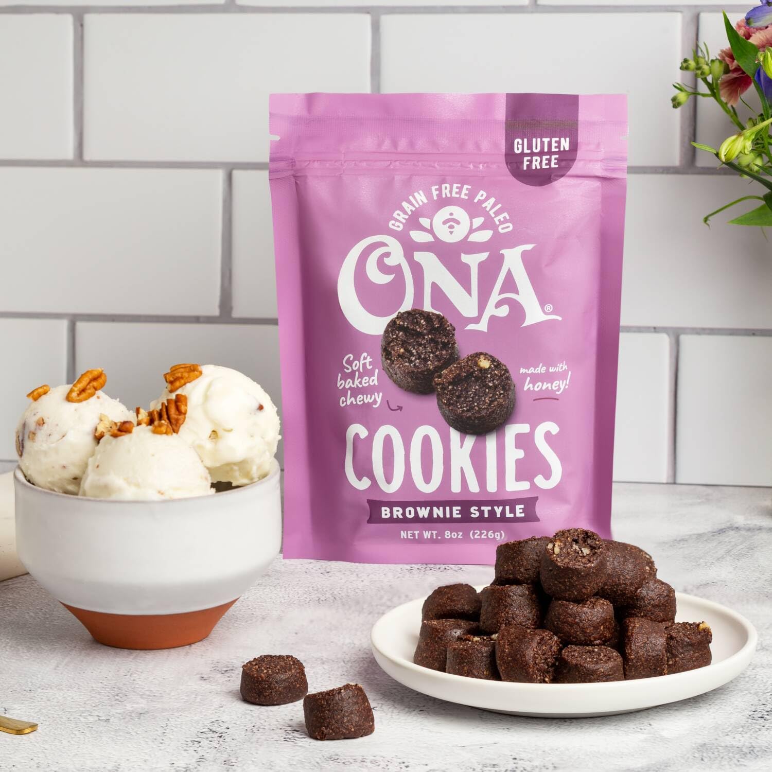 Ona Brownie-Style Cookies 4-Pack - Gluten Free, Grain Free, Dairy Free, Paleo Friendly Snacks with Honey & Dark Chocolate | Ready to Eat Healthy Treats for Office, Travel & Keto Diet