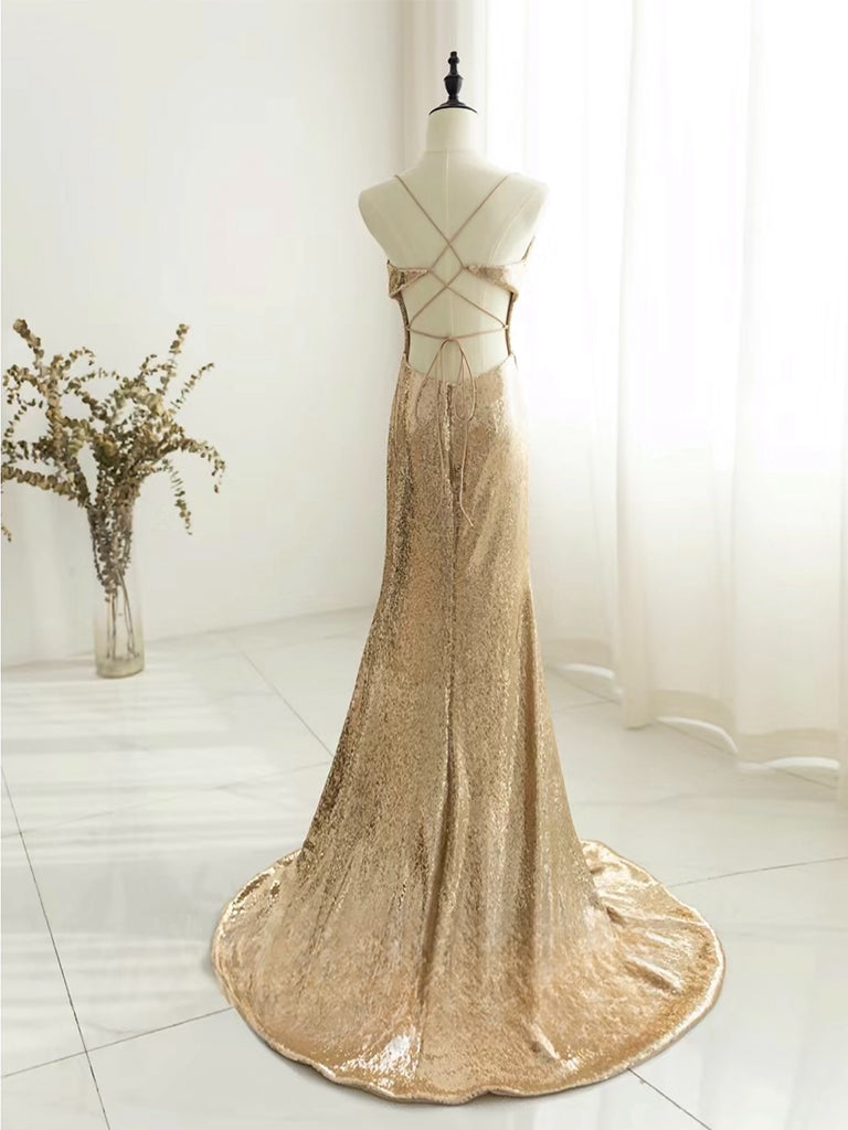 Champagne Backless Sequin Long Prom Dress for Women - Elegant Evening Gown for Formal Events, Parties & Special Occasions
