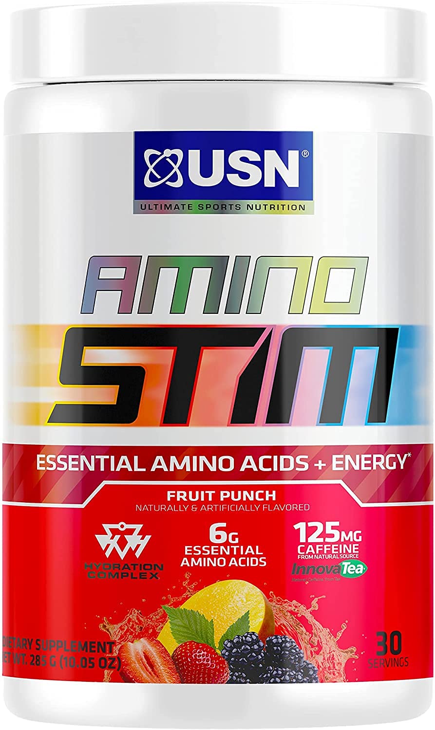 USN Amino Stim EAAs + Energy Supplement - 125mg Caffeine, 6g Essential Amino Acids with Hydration Complex for Muscle Growth & Recovery - Fruit Punch Flavor, 10.05oz (30 Servings) - Perfect for Pre-Workout, Post-Workout Recovery & Athletic Performance