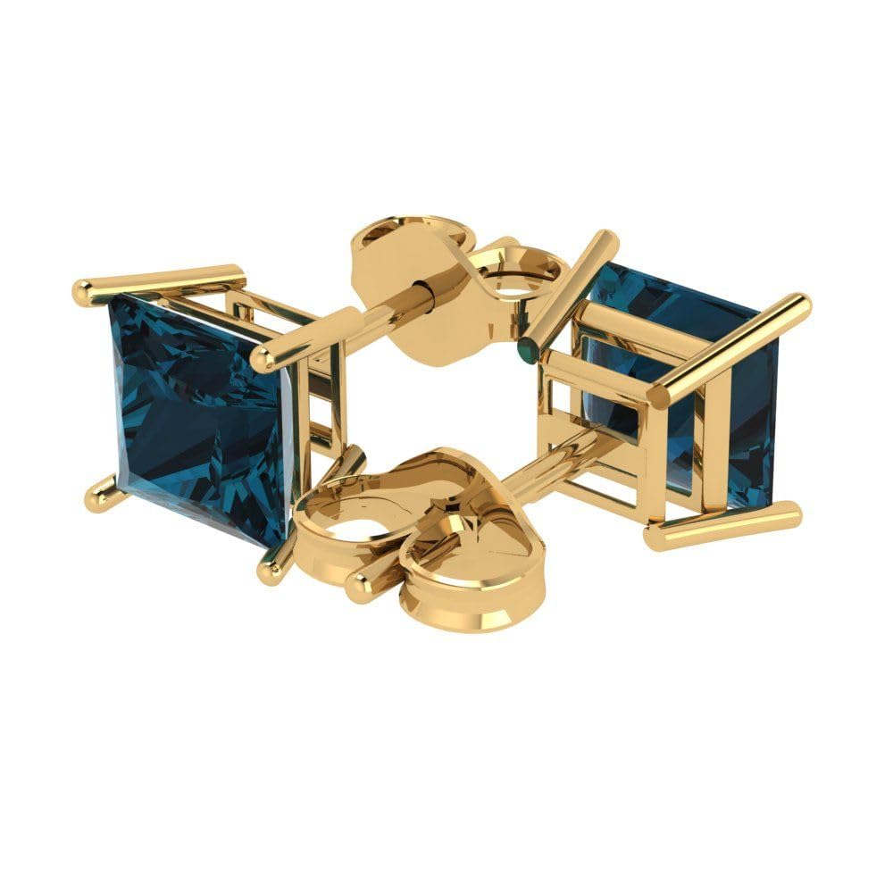 3.0 Carat Princess Cut Natural London Blue Topaz Stud Earrings in 14K Yellow Gold | Conflict-Free Solitaire | Designer Push Back Earrings for Women | Perfect for Weddings, Parties & Everyday Wear