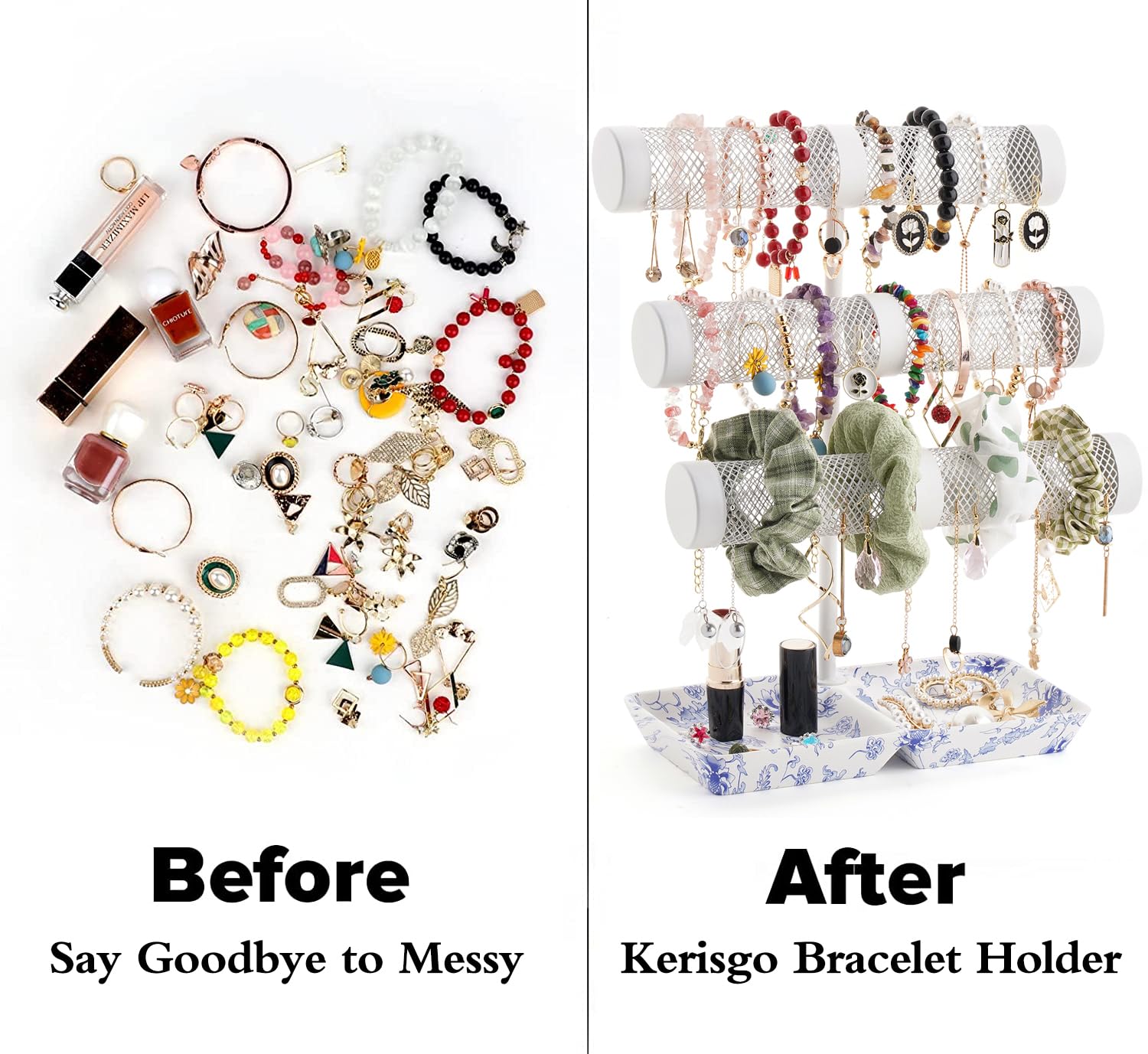 3-Tier Bracelet Holder & Jewelry Organizer Stand - Display Bracelets, Earrings, Necklaces, Watches & Scrunchies - Elegant Porcelain Ring Tray - Perfect Gift for Women (Home Decor, Boutique Display, Jewelry Storage)