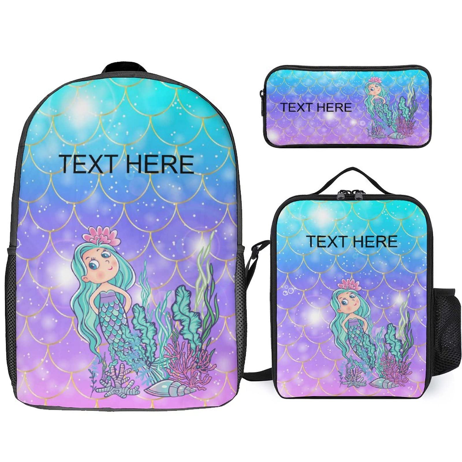 Custom Personalized Mermaid Backpack 3-Piece Set with Name - School Bookbag, Lunch Box & Pencil Case for Boys & Girls | Perfect for School, Travel & Gift Giving