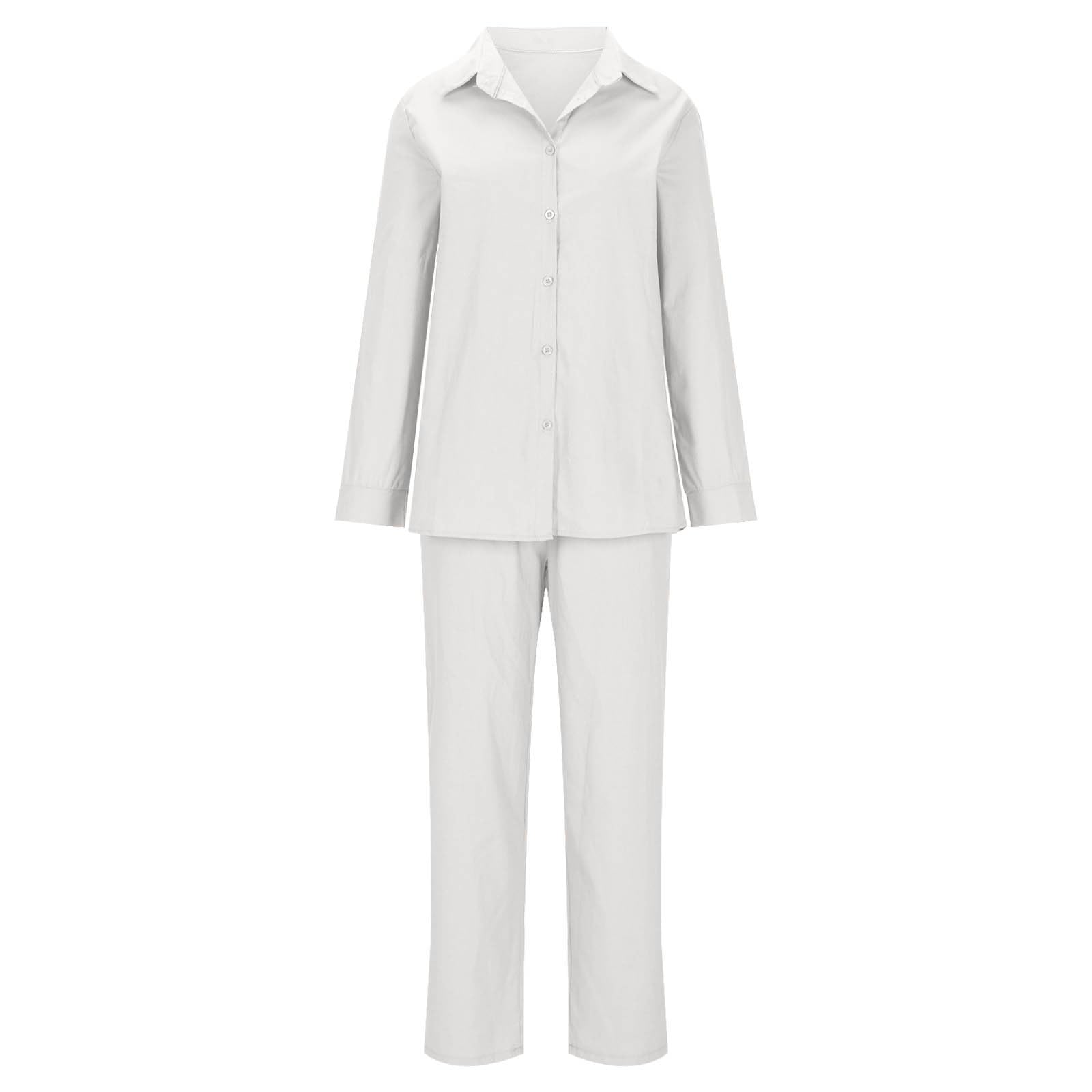 YMADREIG Women's 2-Piece Linen Outfit - Long Sleeve Button Down Shirt & Baggy Pants Set | Summer Casual Lounge Wear for Beach, Travel & Relaxation