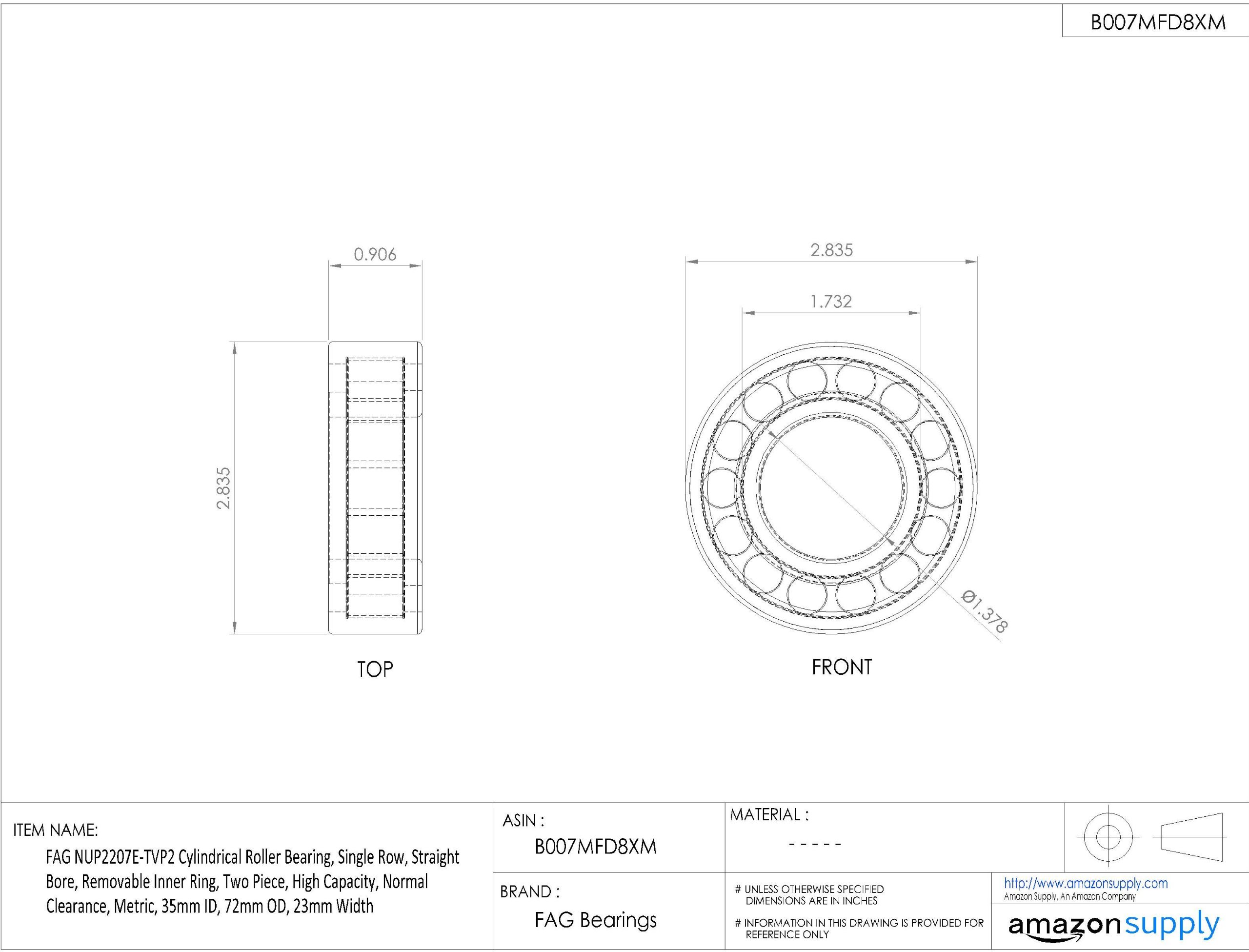 NUP2207E-TVP2 Single Row Cylindrical Roller Bearing - Straight Bore, Removable Inner Ring, Two Piece Design, High Capacity, Normal Clearance, Metric Size (35mm ID, 72mm OD, 23mm Width) - Ideal for Industrial Machinery, Automotive Transmissions, and Heavy Equipment Applications