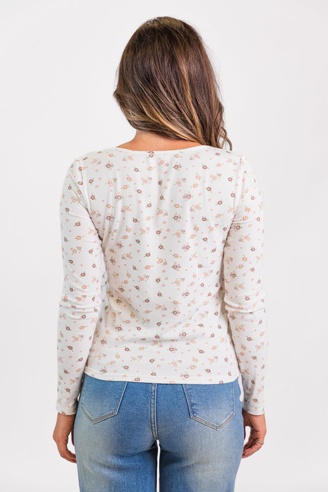 Best In Bloom Ivory Ribbed Floral Henley Top for Women - Elegant Casual Blouse with Floral Pattern, Perfect for Spring Outfits, Date Nights & Office Wear | FINAL SALE