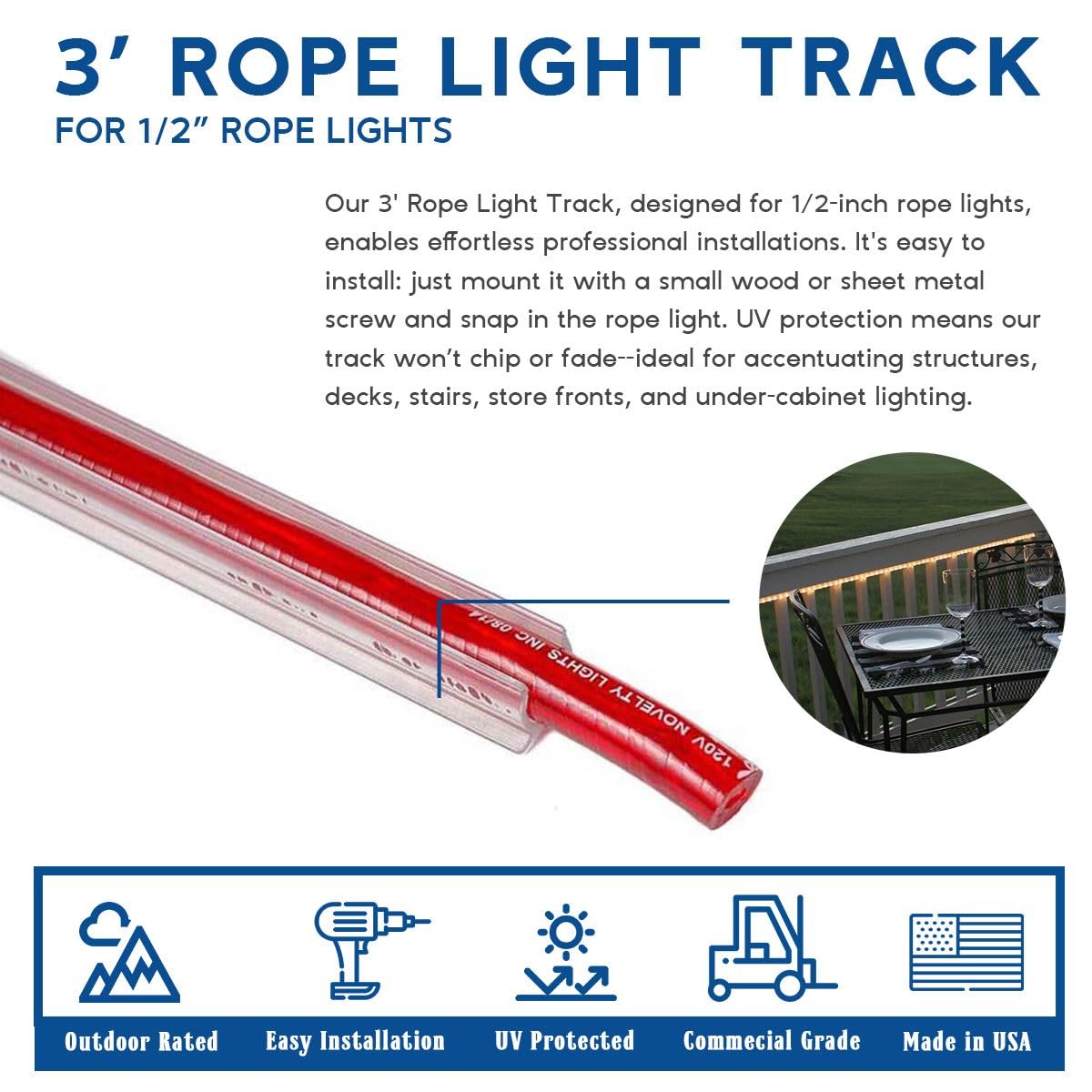 1 Pack 3-Foot 1/2 Inch Rope Light Mounting Track - Durable PVC Plastic Channel for Outdoor Rope Lights (Clear) - Perfect for Holiday Decorations, Patio Lighting, and Landscape Accents