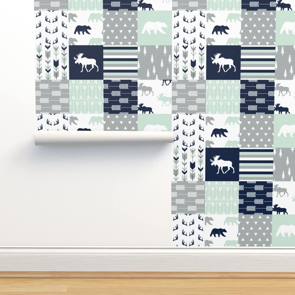 Removable Wallpaper 12ft x 2ft - Northern Lights Patchwork Design, Bear & Moose Woodland Adventure in Navy, Mint & Gray | Pre-Pasted Peel & Stick Wallpaper by Spoonflower | Perfect for Nursery, Bedroom, or Cabin Decor