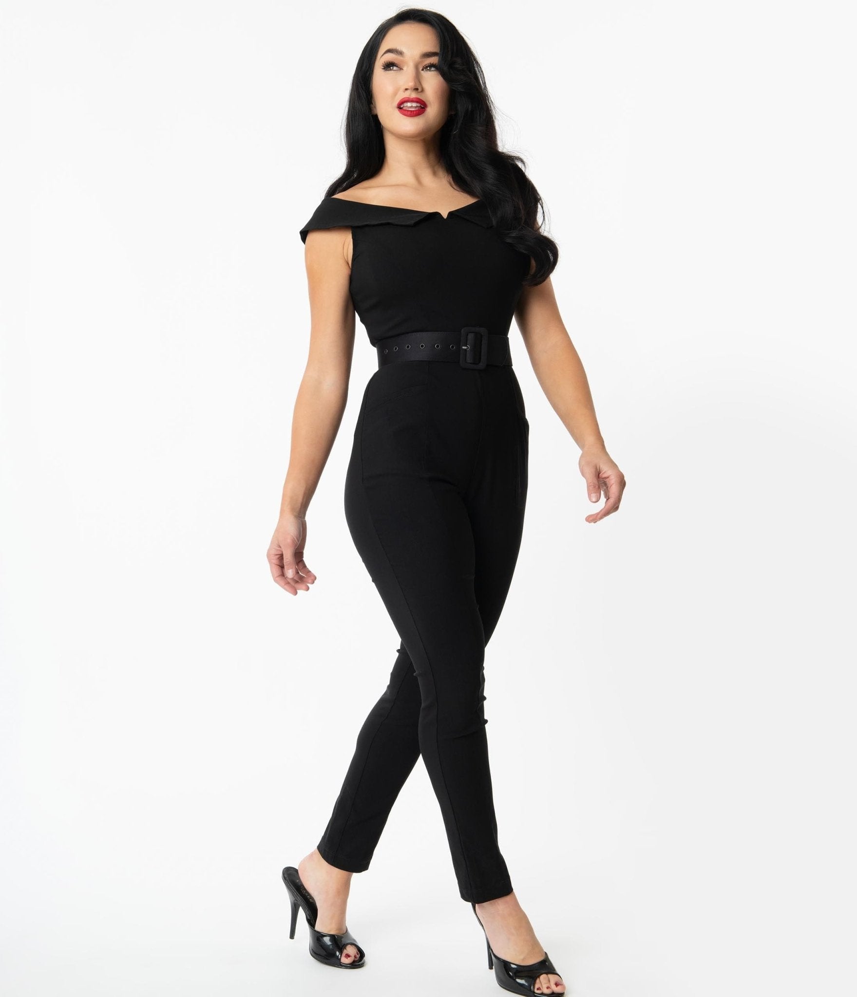 Vintage Black Off Shoulder Gillian Jumpsuit for Women - Retro Chic Romper with Ruffles & Belt | Perfect for Date Night, Parties & Summer Outfits