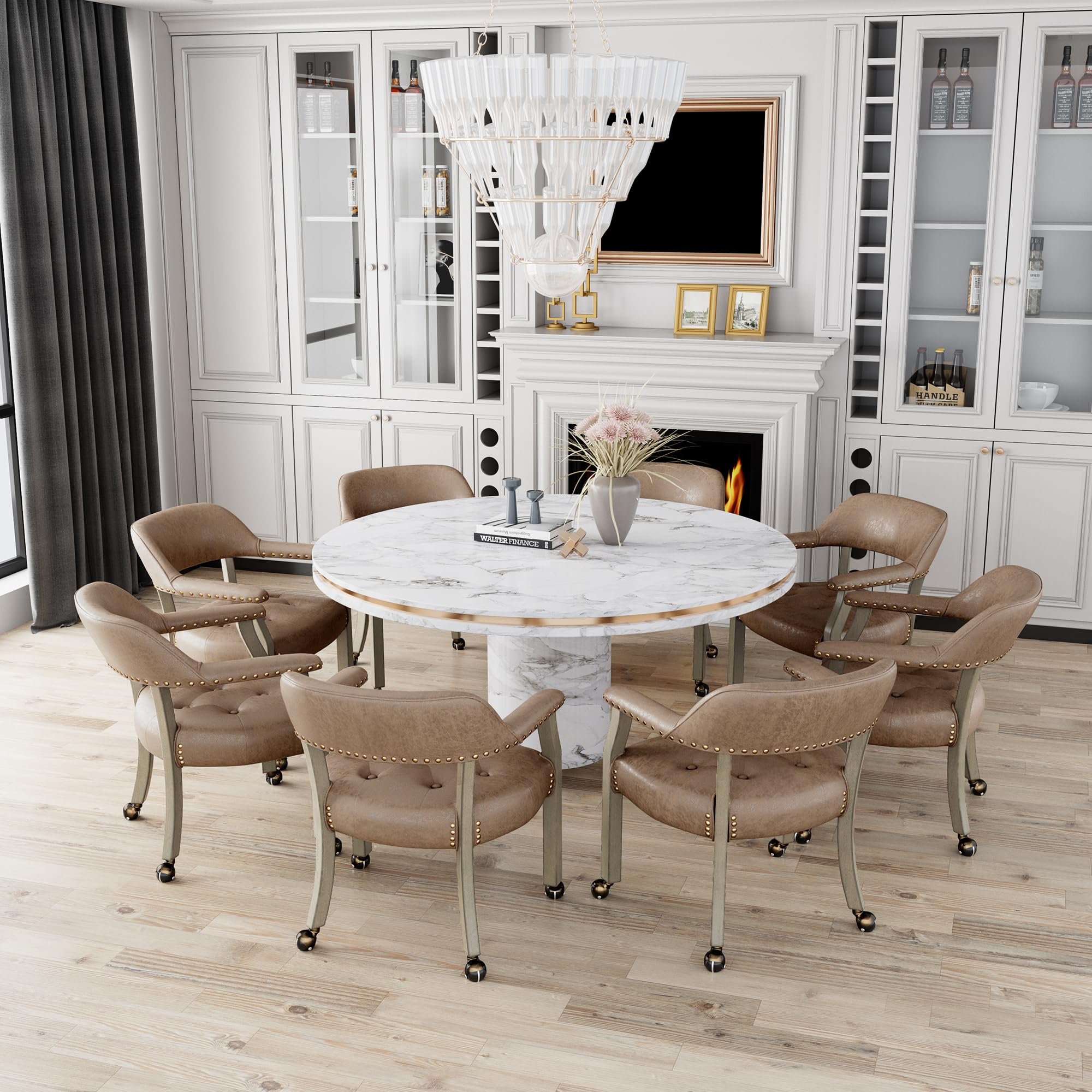 High Back Rolling Dining Chair with Casters - Light Wheat 1318LT | Ergonomic Captain's Chair for Kitchen Table, Dinette Sets & Poker Games | Smooth-Gliding Office & Home Use