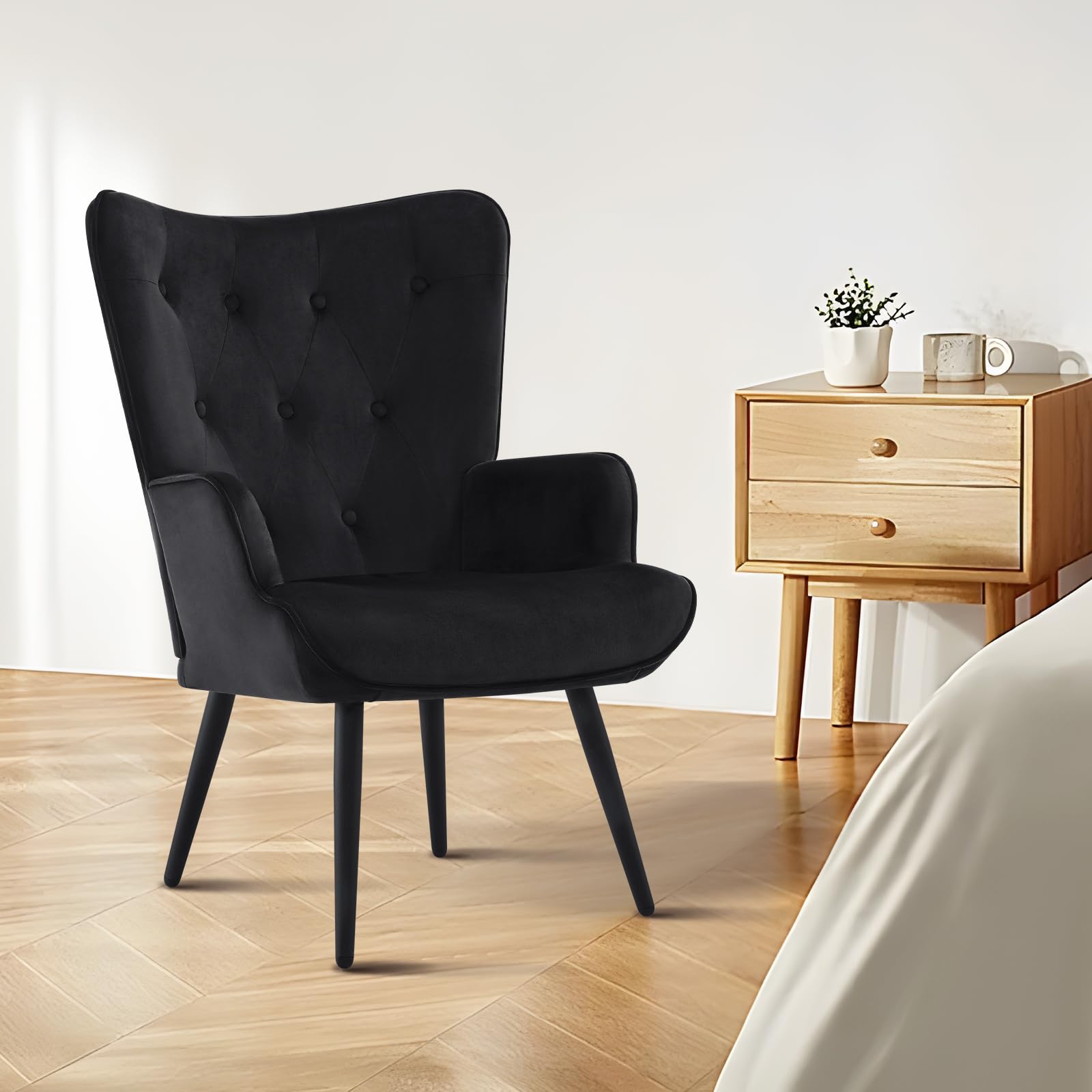Furnimart Black Velvet Accent Chair - Mid Century Modern Living Room Armchair with Comfortable Cushion | Stylish Wingback Design for Office, Study, Bedroom, Vanity & Waiting Room | Perfect for Relaxing, Reading & Home Decor
