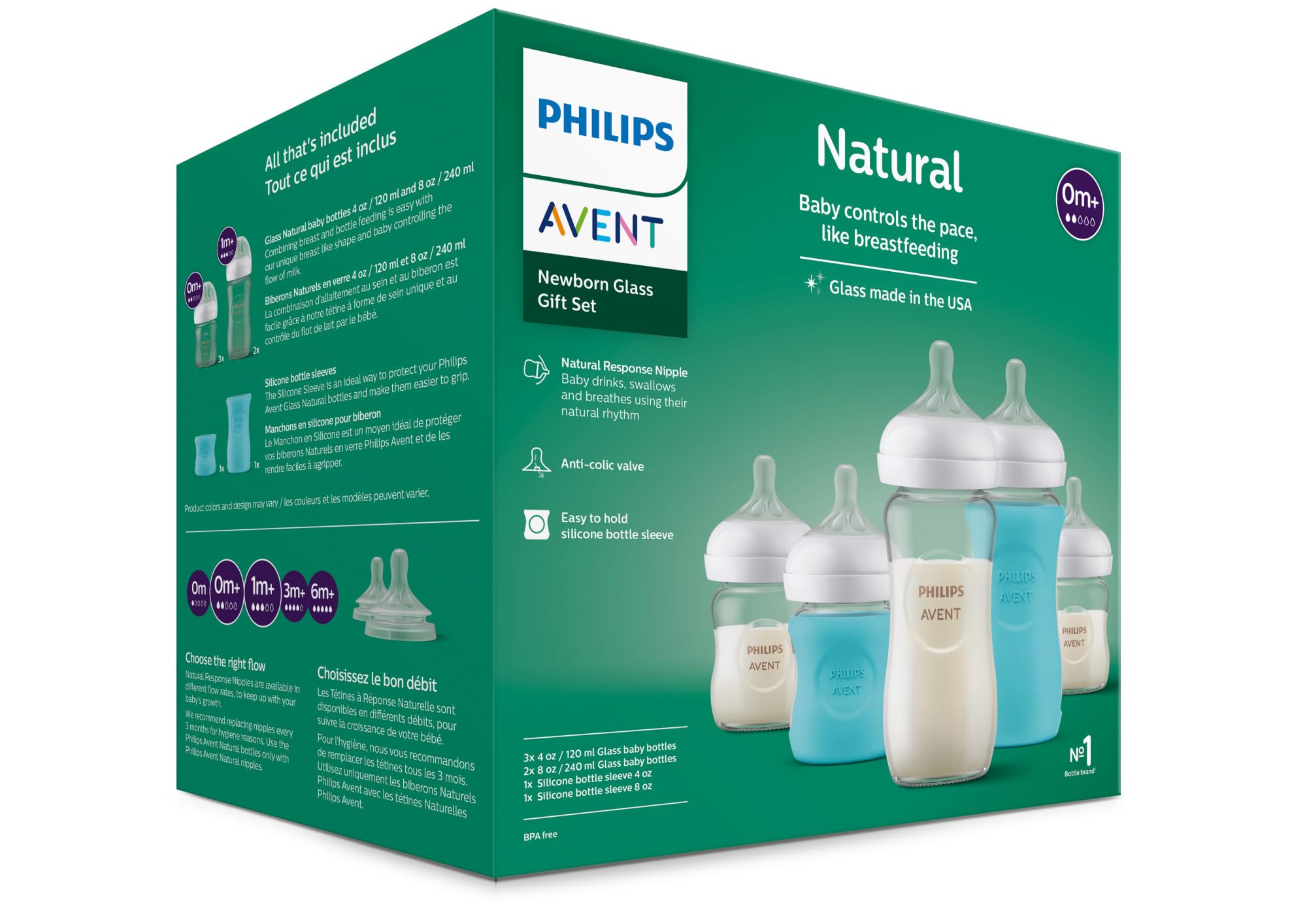Philips Avent Natural Newborn Glass Baby Bottle Gift Set - 3x 4oz (Slow Flow) & 2x 8oz (Medium Flow) with Natural Response Nipples & 2 Silicone Sleeves - Perfect for Breastfeeding Transition & On-the-Go Feeding (SCD858/01)