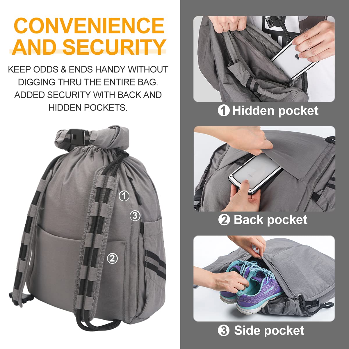Waterproof Drawstring Backpack - 30L Expandable Anti-Theft Gym Bag with Secure Zipper Pockets - Lightweight Sports Sack for Men, Women & Kids - Perfect for Workout, Beach, School, Hiking & Travel Accessories (Gray)