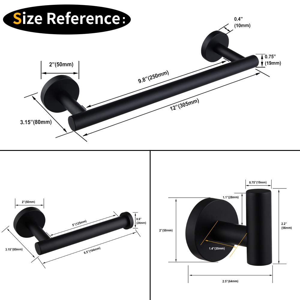 BEIGEEWY Modern Matte Black Stainless Steel Bathroom Hardware Set - 3-Piece Wall Mounted Towel Bar, Toilet Paper Holder & Robe Hook for Contemporary Bathrooms, Powder Rooms & Spa-Style Retreats