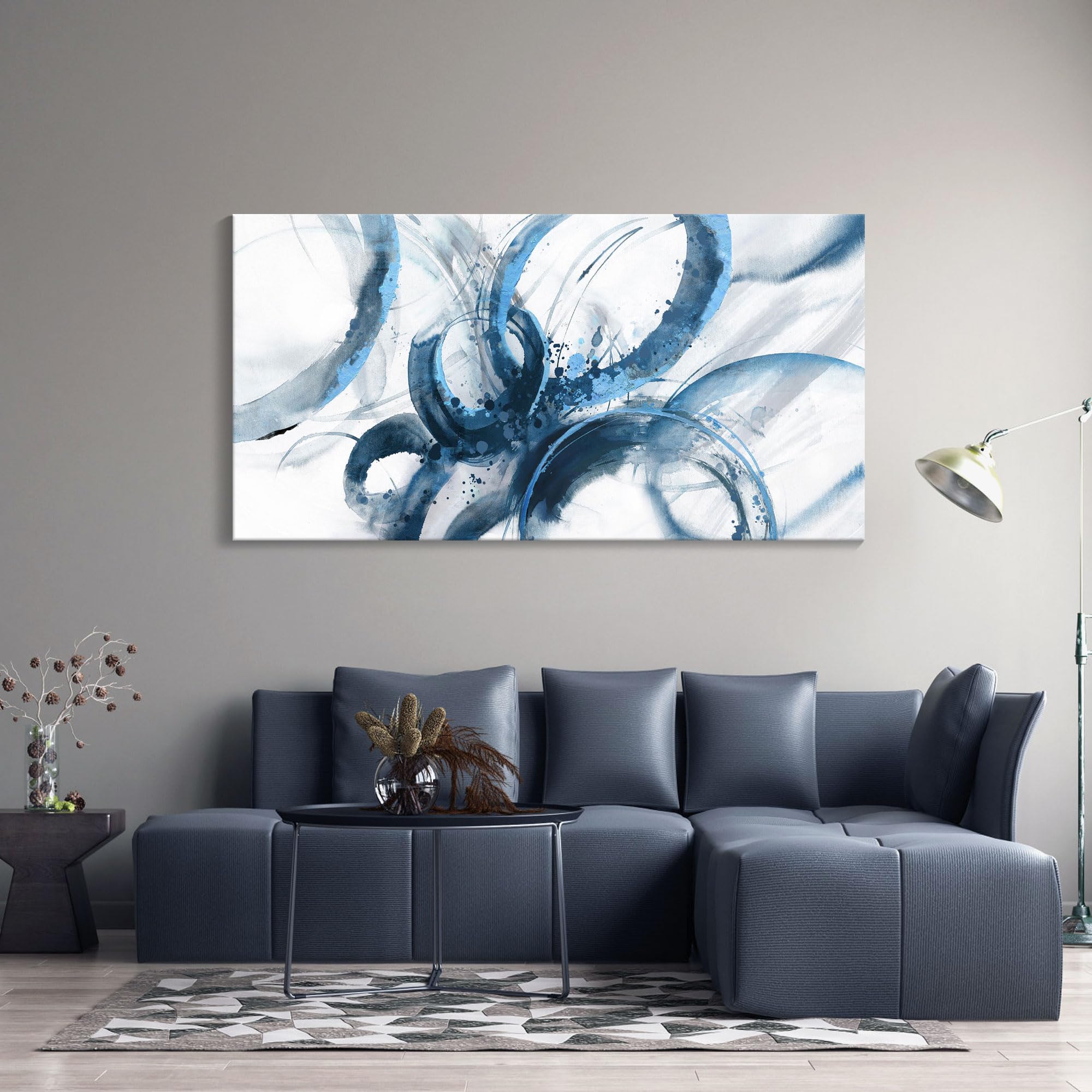 Large Blue Abstract Canvas Wall Art - 29x58in Framed Painting for Living Room, Bedroom & Office Decor | Modern Aesthetic Wall Decorations for Home & Workspace