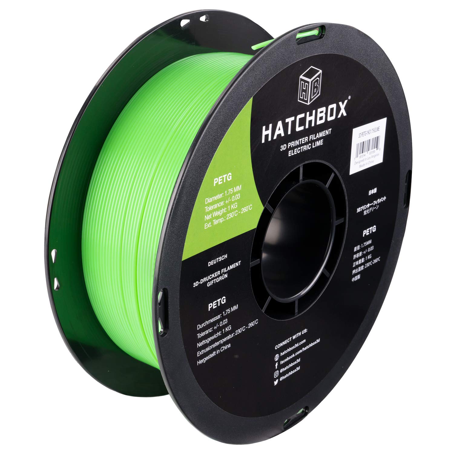 HATCHBOX 1.75mm Electric Lime PETG 3D Printer Filament - 1KG Spool, ±0.03mm Accuracy - High Strength & Durability for 3D Printing Projects, DIY Models & Prototypes