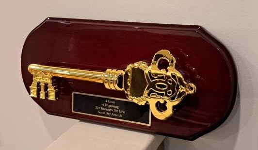 Cherrywood Gold Key Plaque 16x7 Inches - Personalized Engraved Wall Decor for Home, Office & Gifts - Housewarming, Anniversary & Retirement Present