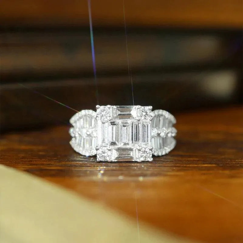18K White Gold Real Natural Diamond Ring 4.0ct Square Luxury Jewelry for Women - Elegant Party, Wedding, Anniversary & Special Occasion Gift