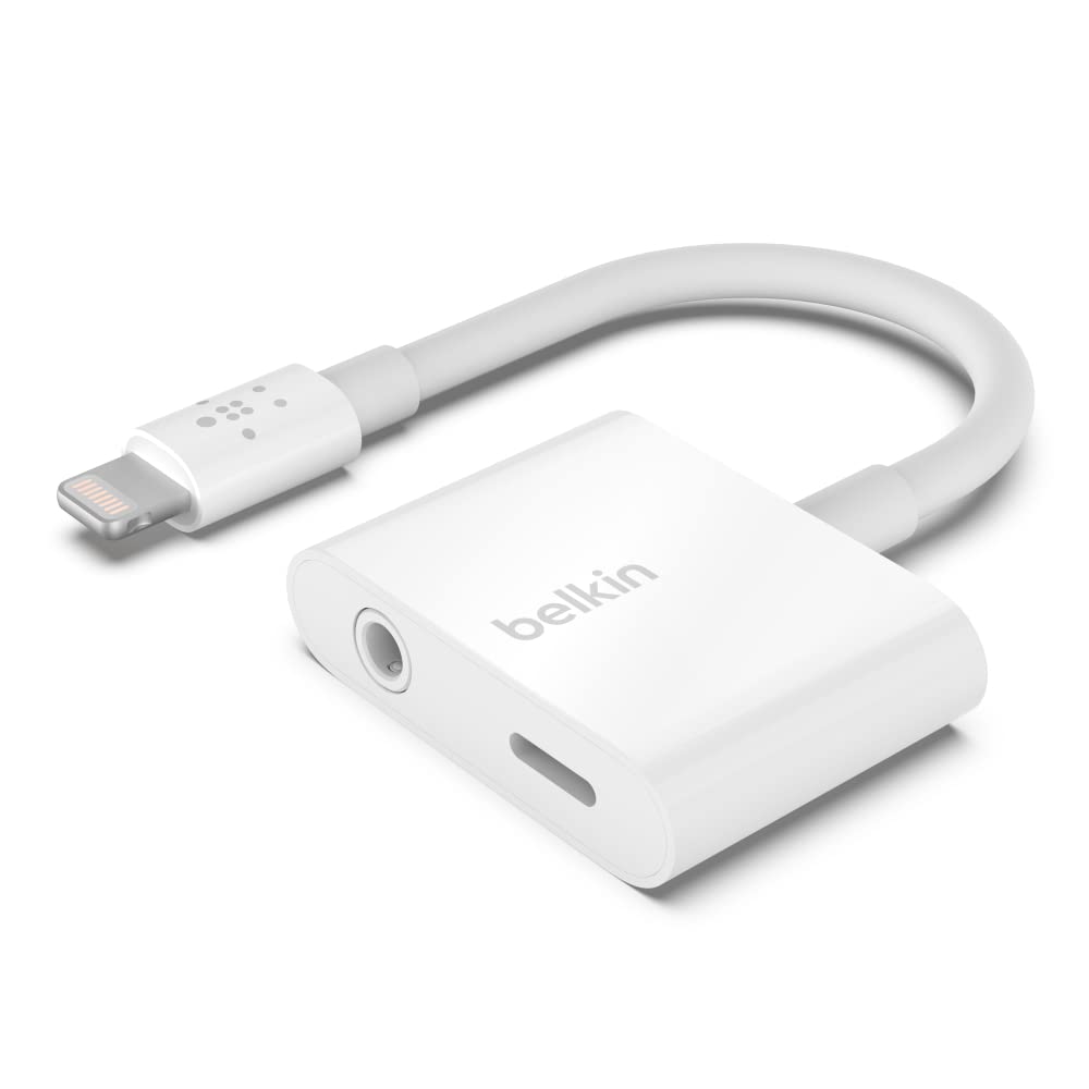 Belkin RockStar 5-in-1 Lightning Audio Cable & Charger for iPhone 14/13/12/11/X - Fast Charging & Hi-Fi Sound - White - Perfect for Home, Office & Travel Use