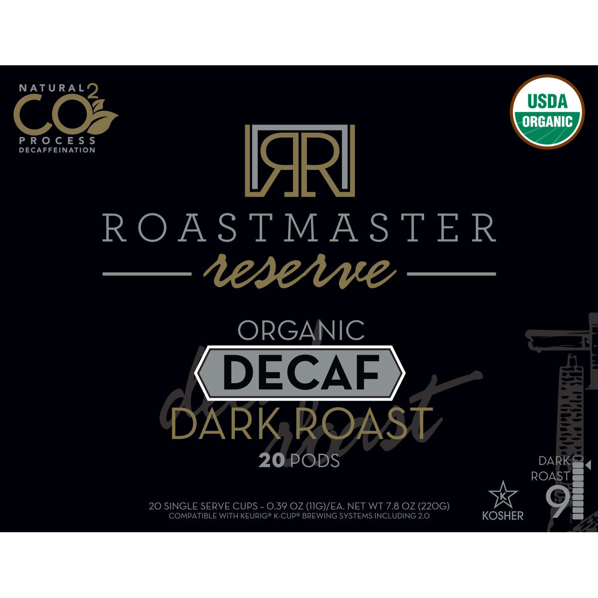 Organic Dark Roast Decaf Coffee Pods - Roastmaster Reserve - 20 Count - Compatible with Keurig 2.0 - Perfect for Home & Office Use