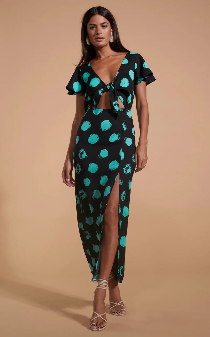 Lily Green on Black Dot Dress - Floral Print Women's Dress for Casual Wear, Party & Date Night