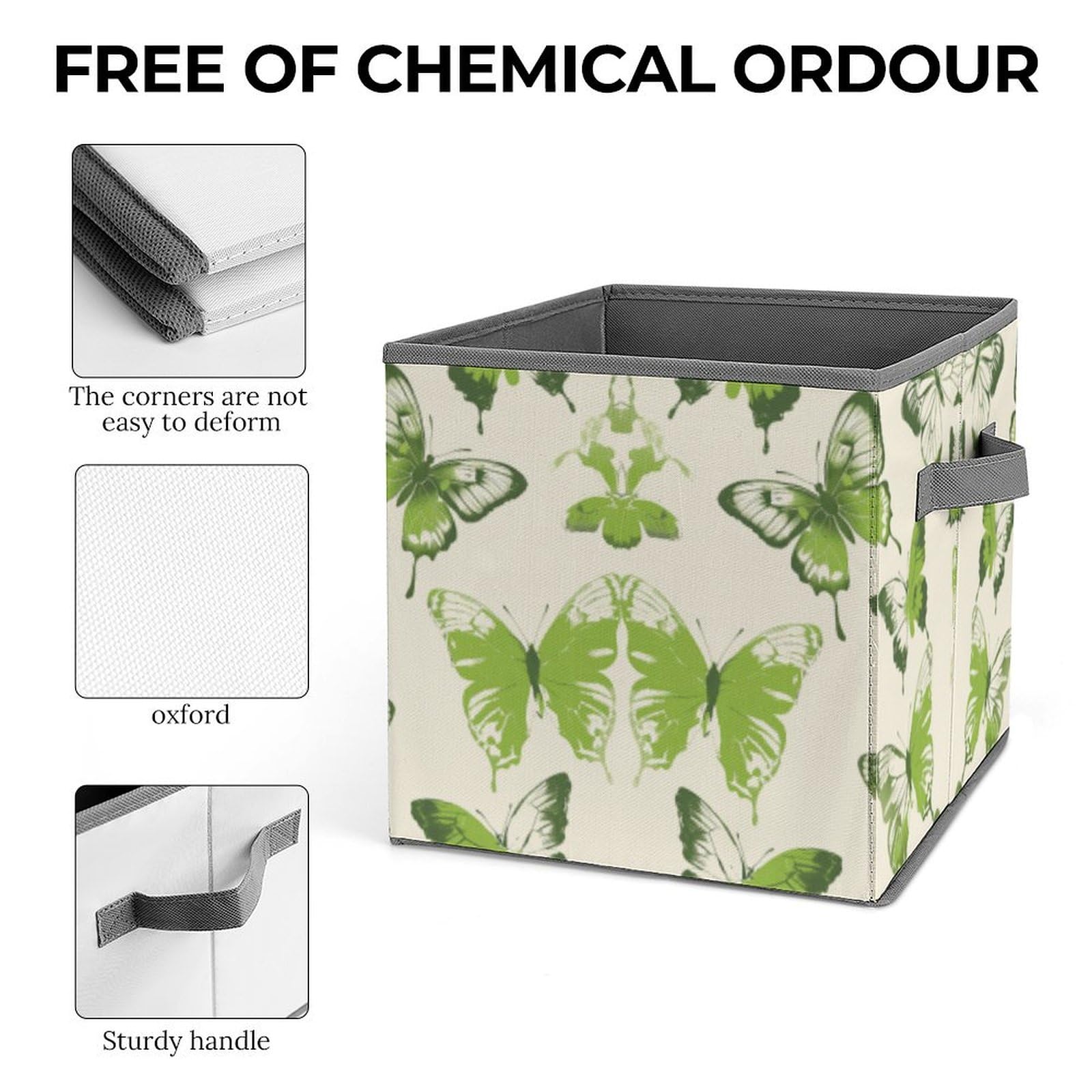 Collapsible Storage Cubes with Handles - 10.6×10.6 Inch Foldable Organizer Bins | Butterfly Print & Lime Green Design for Closet, Nursery, or Office Organization | Space-Saving Home Storage Solution