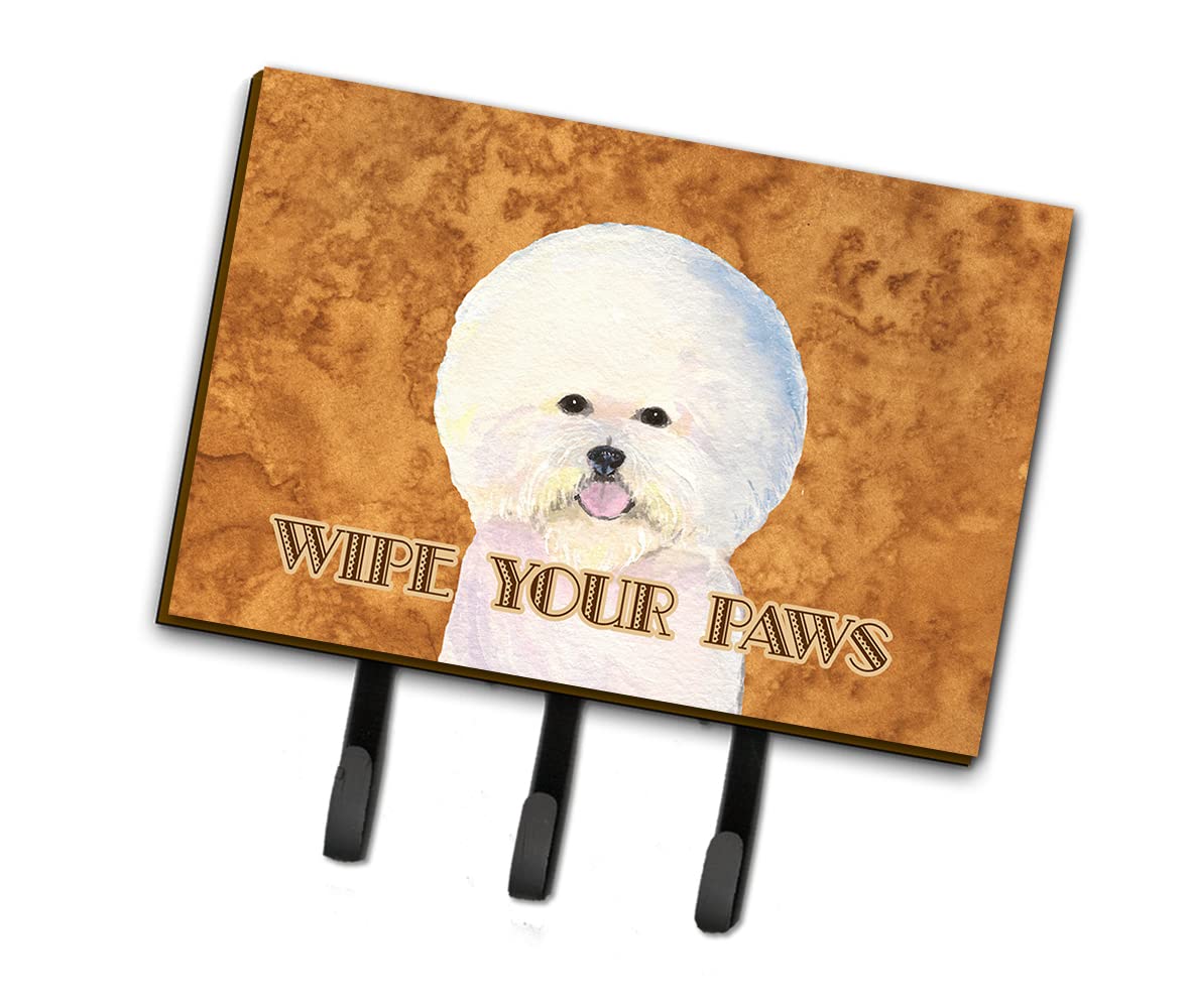 Caroline's Treasures SS4878TH68 Bichon Frise 'Wipe Your Paws' Wall Mounted Key Holder & Coat Rack - Rustic Home Entryway Organizer for Leashes, Keys, Towels & Aprons | Perfect for Pet Owners & Farmhouse Decor