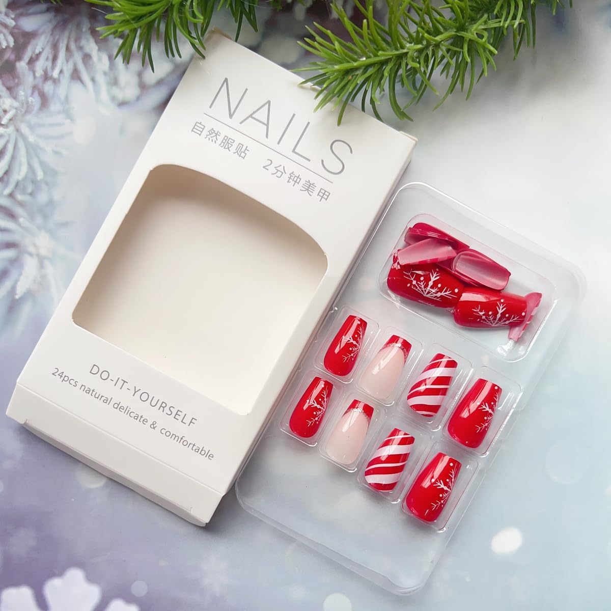Christmas Press on Nails Short Square - 24PCS Winter Snowflake Fake Nails with Red White Stripe & French Tip Designs | Acrylic Full Cover Glue on Nails for Women | Perfect for Holiday Parties, Gift Giving & Festive Nail Art