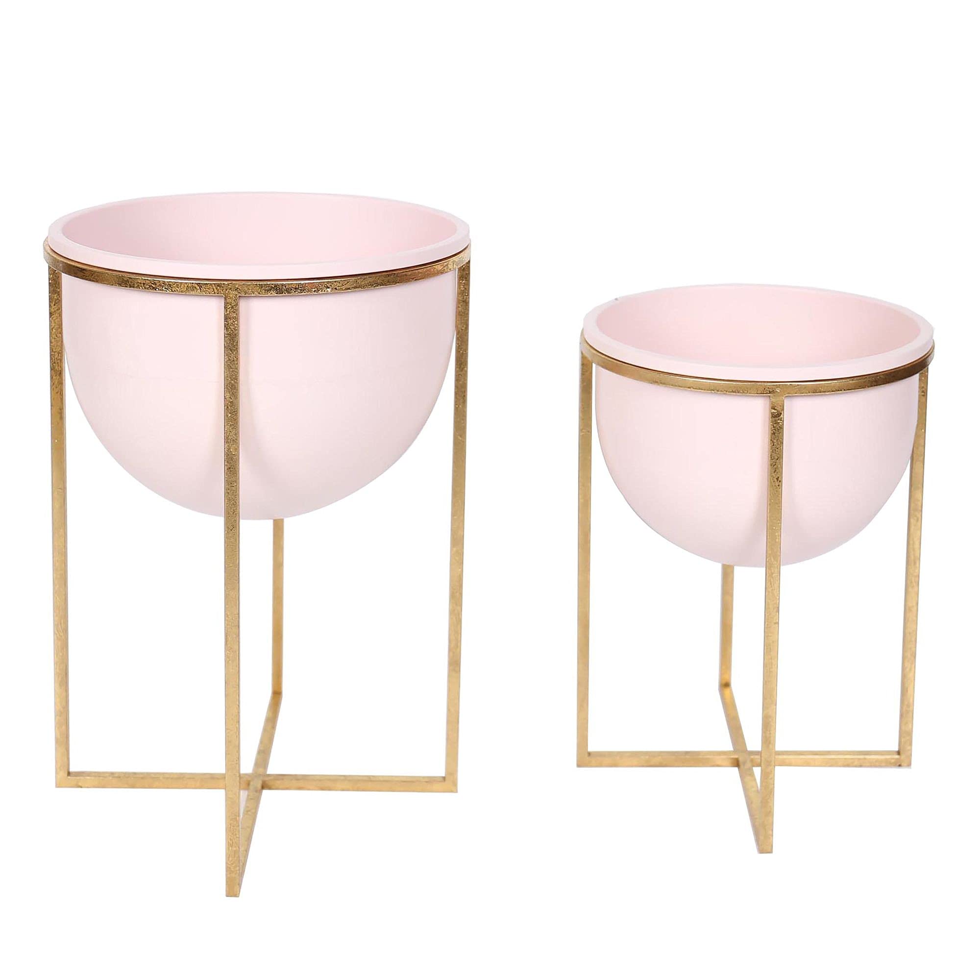 Set of 2 Pink and Gold Dome Planters with Stand - 19 Inch Modern Flower Pots for Indoor Plants, Home Decor, Living Room, Office Desk Decorations