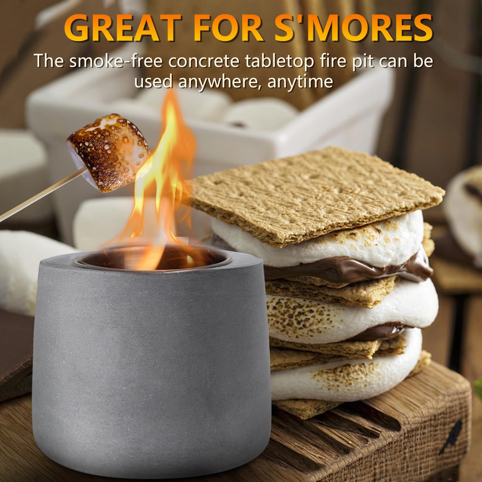 Concrete Tabletop Fire Pit Bowl - Indoor & Outdoor Portable Mini Fireplace for Garden, Patio, Balcony | Alcohol Burner, Smores Maker with Extinguisher | Perfect for Camping, Backyard Gatherings & Cozy Evenings