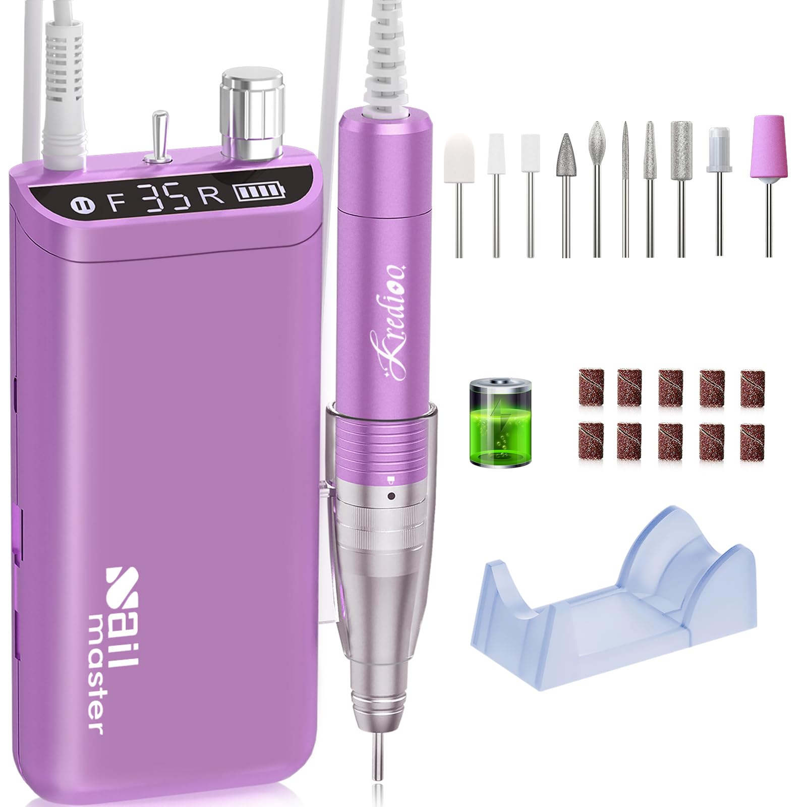Kredioo Professional Nail Drill Kit - 35000RPM Rechargeable Electric Nail File Machine with 10 Bits Set for Acrylic & Gel Polish Removal | Salon Quality Manicure Tools | Portable for Home & Professional Use (Purple)