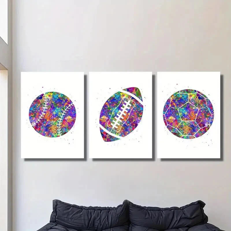 3-Piece Watercolor Rainbow Football Metal Wall Art - Ready to Hang Sports Decor for Bedroom, Game Room & Man Cave