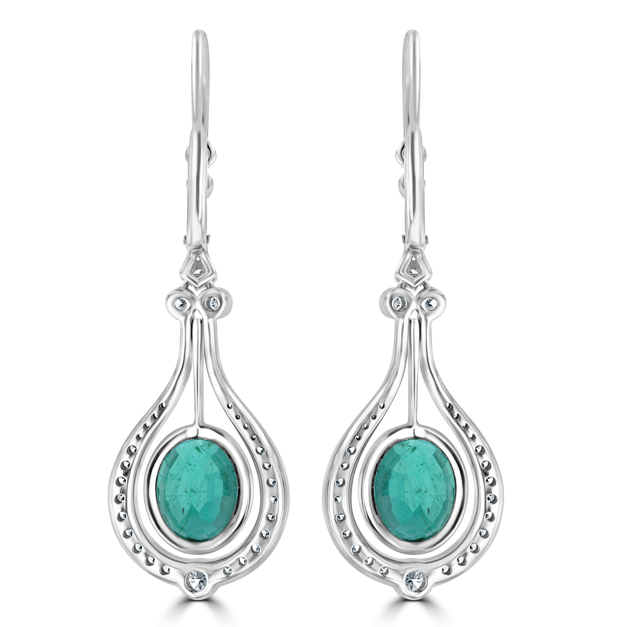 18KT White Gold 5.23 CTW Emerald & 0.61 CTW Diamond Halo Drop Earrings for Women - Elegant Dangling Jewelry for Weddings, Parties & Special Occasions