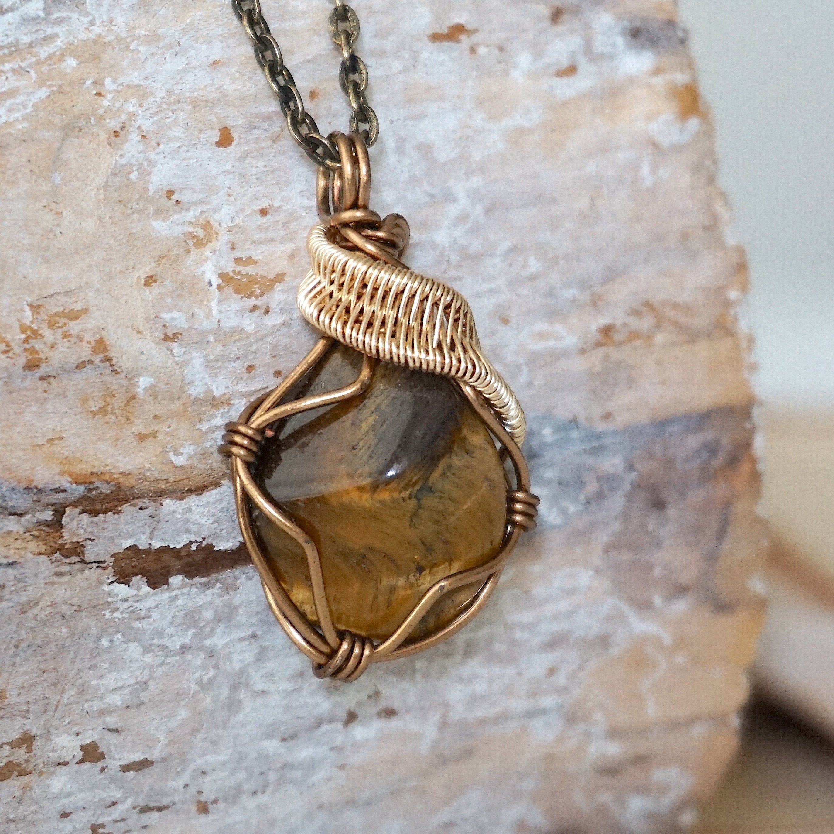 Handmade Wire Wrapped Raw Tiger's Eye Pendant Necklace - Antique Bronze & Gold Plated Jewelry for Women - Perfect for Boho Style, Spiritual Healing & Everyday Wear