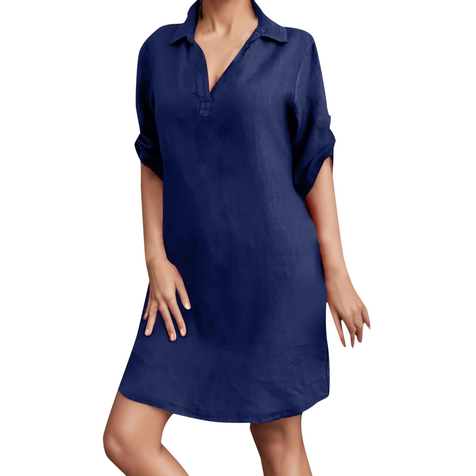 WMQPNNS Women's V-Neck Long Sleeve & Short Sleeve Shirt Dress - Fashionable Casual & Office Wear for Women
