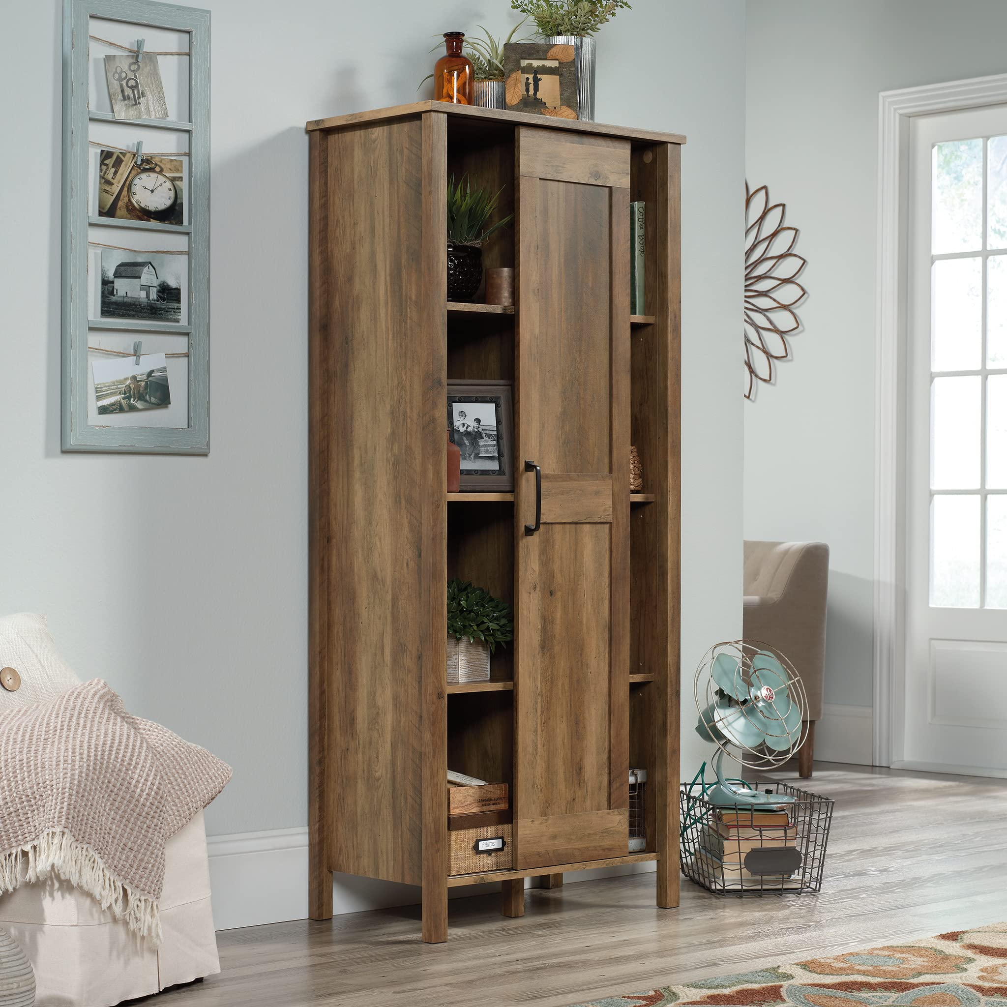 Sauder Sliding Door Storage Cabinet - Rustic Pine Finish Pantry Organizer for Kitchen, Bathroom, or Home Office | Durable & Stylish Storage Solution