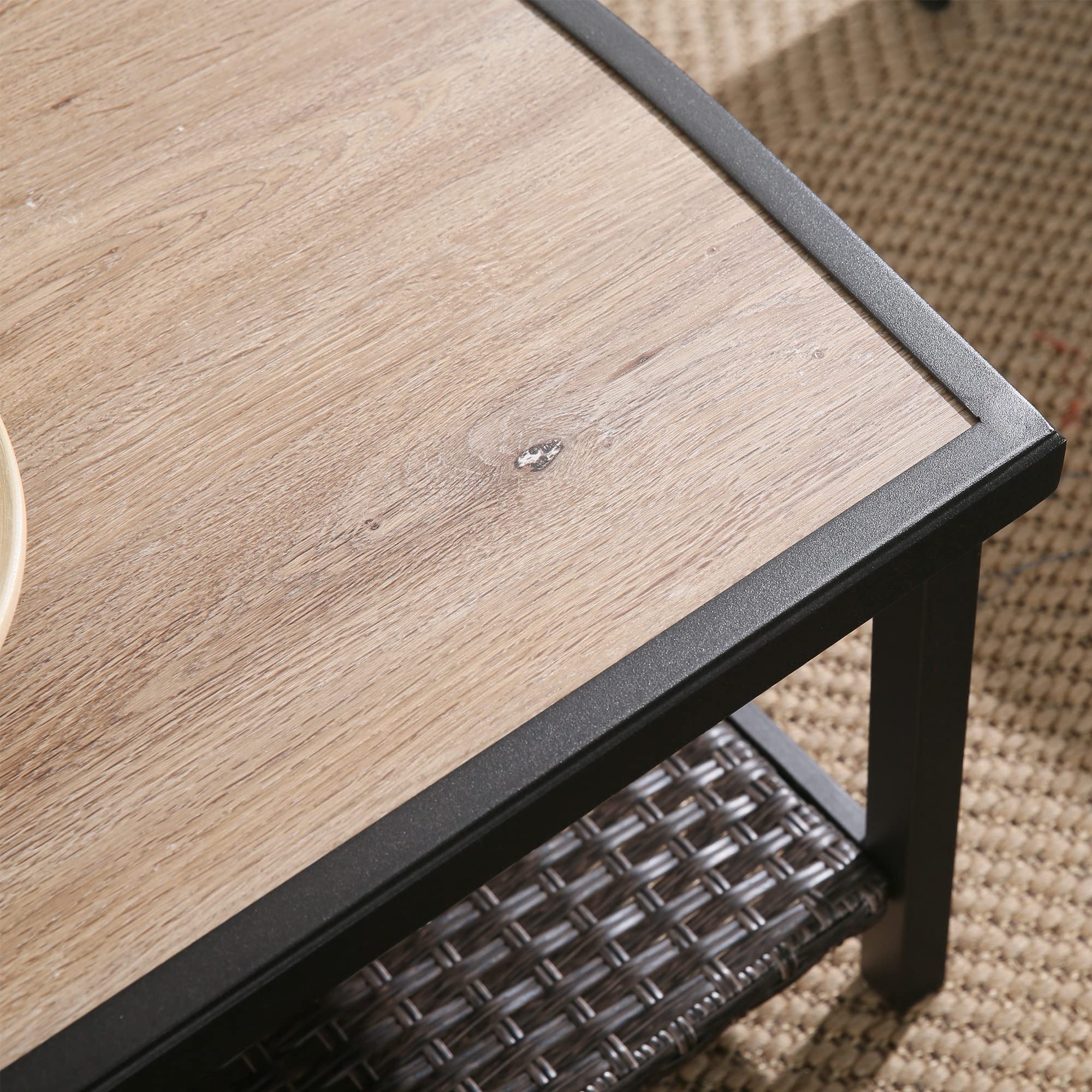 Black Steel Wicker Coffee Table for Patio - 37'' x 19'' Rectangular Outdoor Side Table with Storage Shelf | Perfect for Backyard, Garden, and Poolside Relaxation