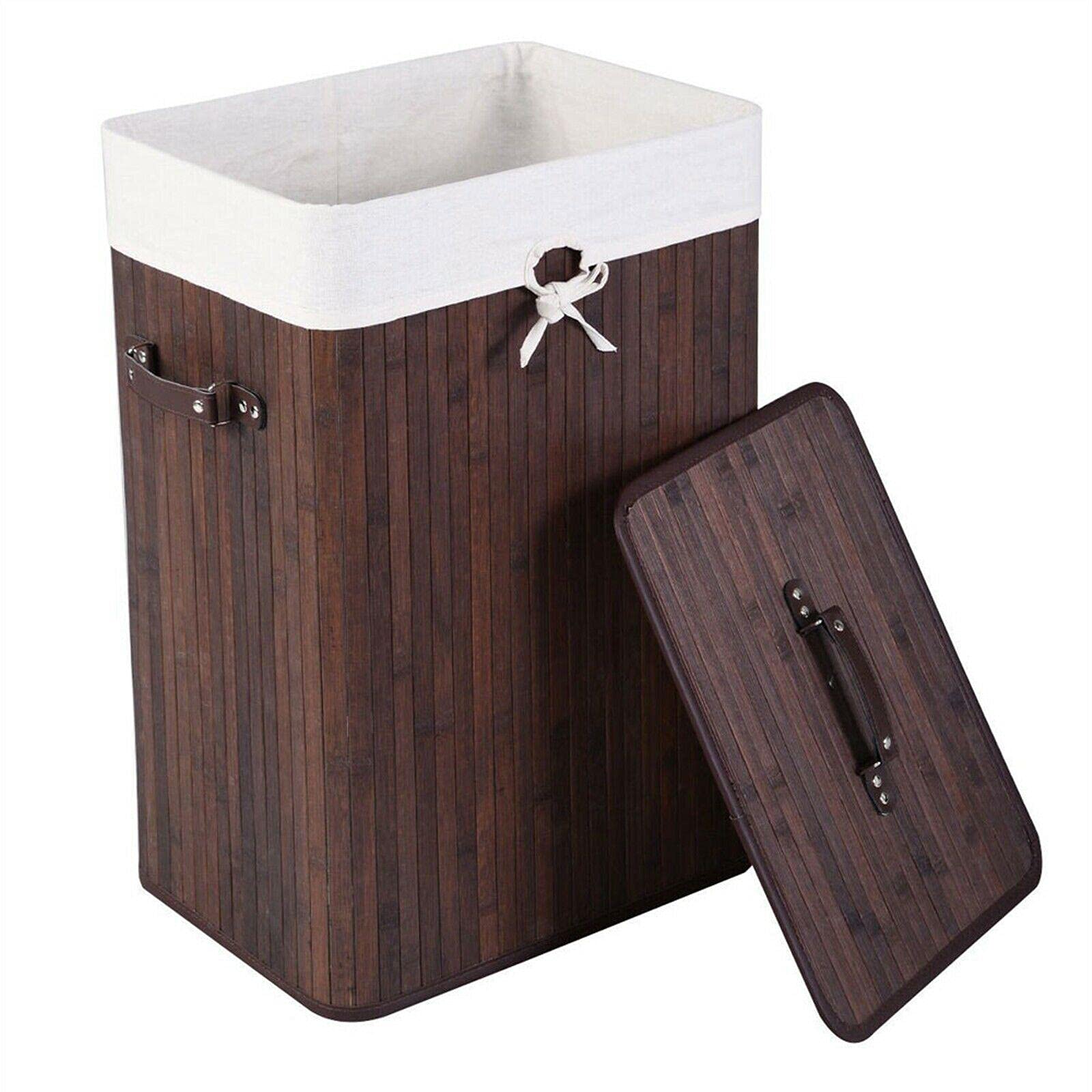 XDE Single Lattice Bamboo Folding Laundry Hamper with Lid - Dark Brown Clothes Storage Basket for Bedroom, Bathroom & Laundry Room | Space-Saving Collapsible Design for Home Organization