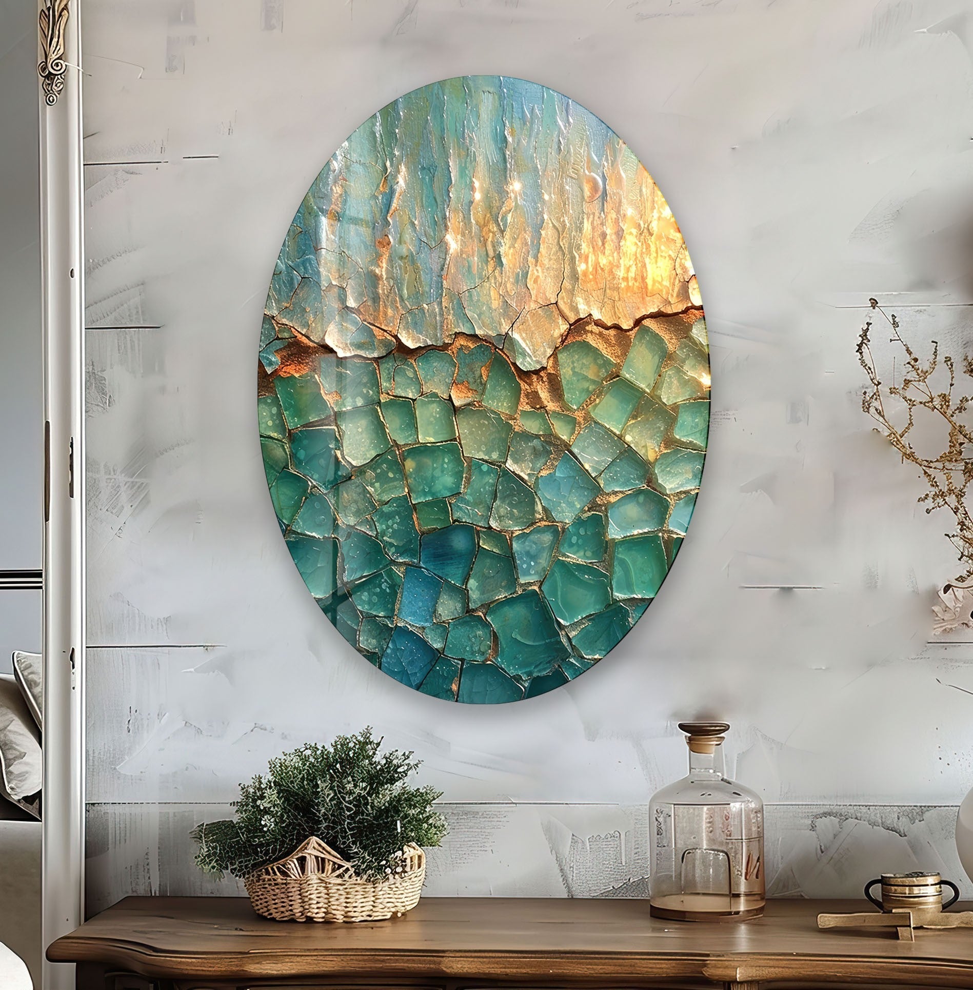Abstract Cracked Glass Wall Art - Modern Asymmetric Oval Design for Living Room, Bedroom & Office Decor