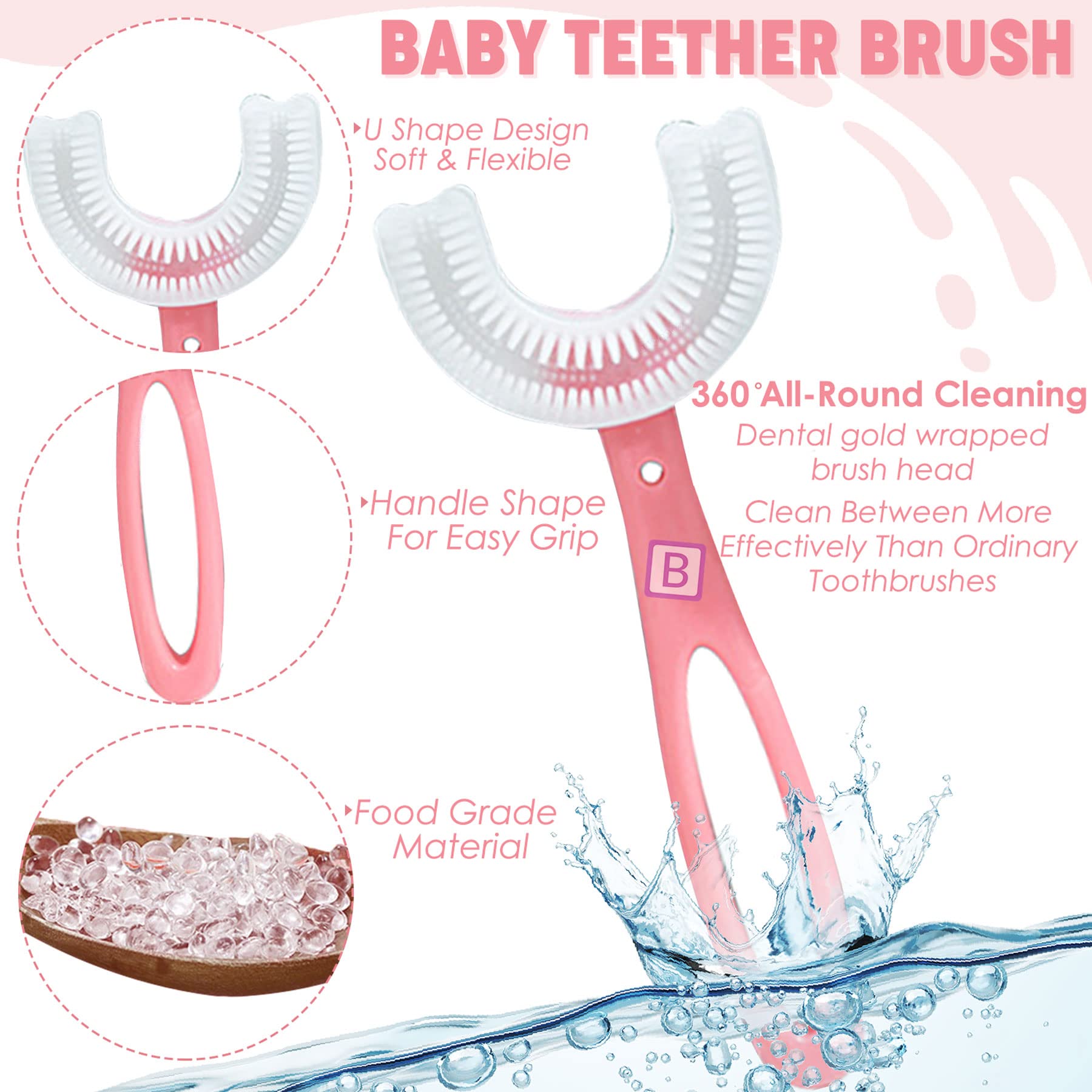 Bembika U-Shape Silicone Baby Teether Toy - Large Pink Teething Toy for Infants, Safe Chewable Keys & Toothbrush for Soothing Sore Gums | Perfect for Home, Travel & Daycare Use