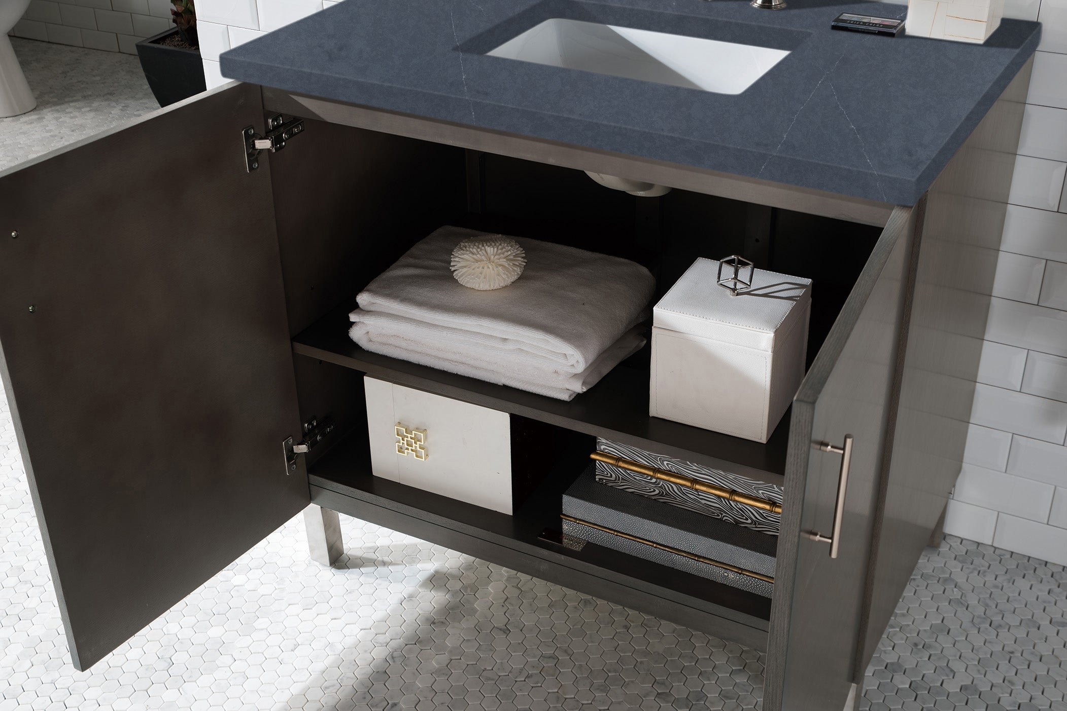 Metropolitan 36 Inch Single Bathroom Vanity with Charcoal Soapstone Quartz Top - Silver Oak Finish | Perfect for Modern Master Bathrooms & Powder Rooms