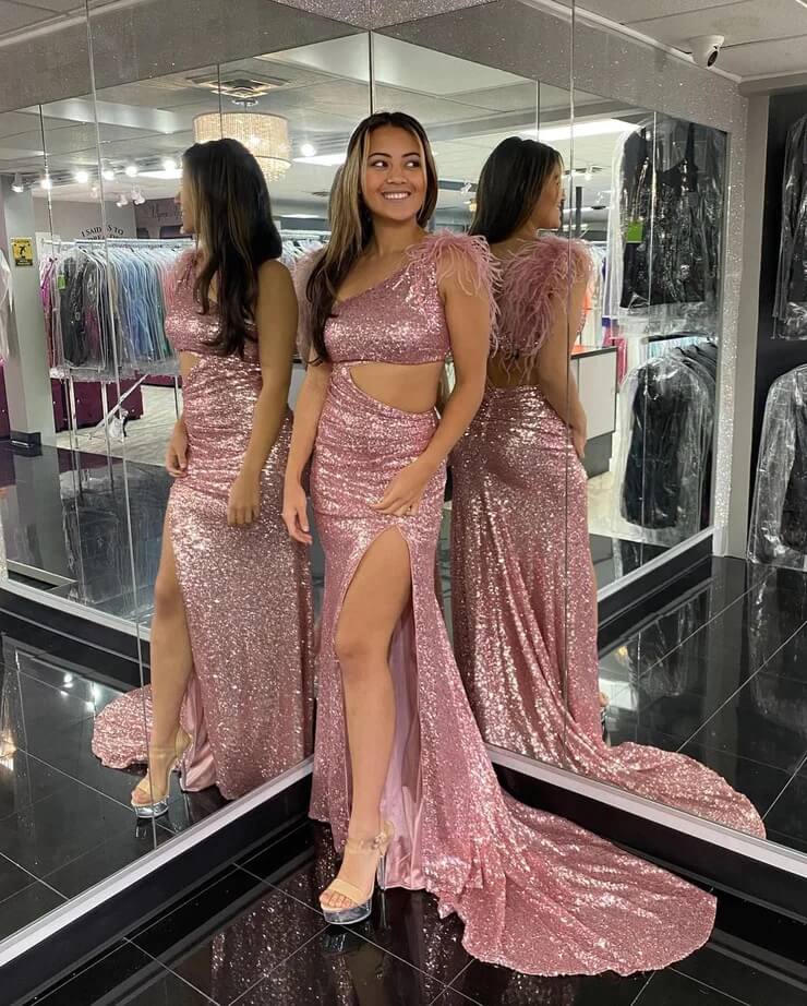 2025 Blush Pink Sequin Prom Dress - One Shoulder Mermaid Evening Gown for Homecoming, Pageant & Formal Events | Sparkly Party Dress for Prom Night, Quinceañera & Special Occasions