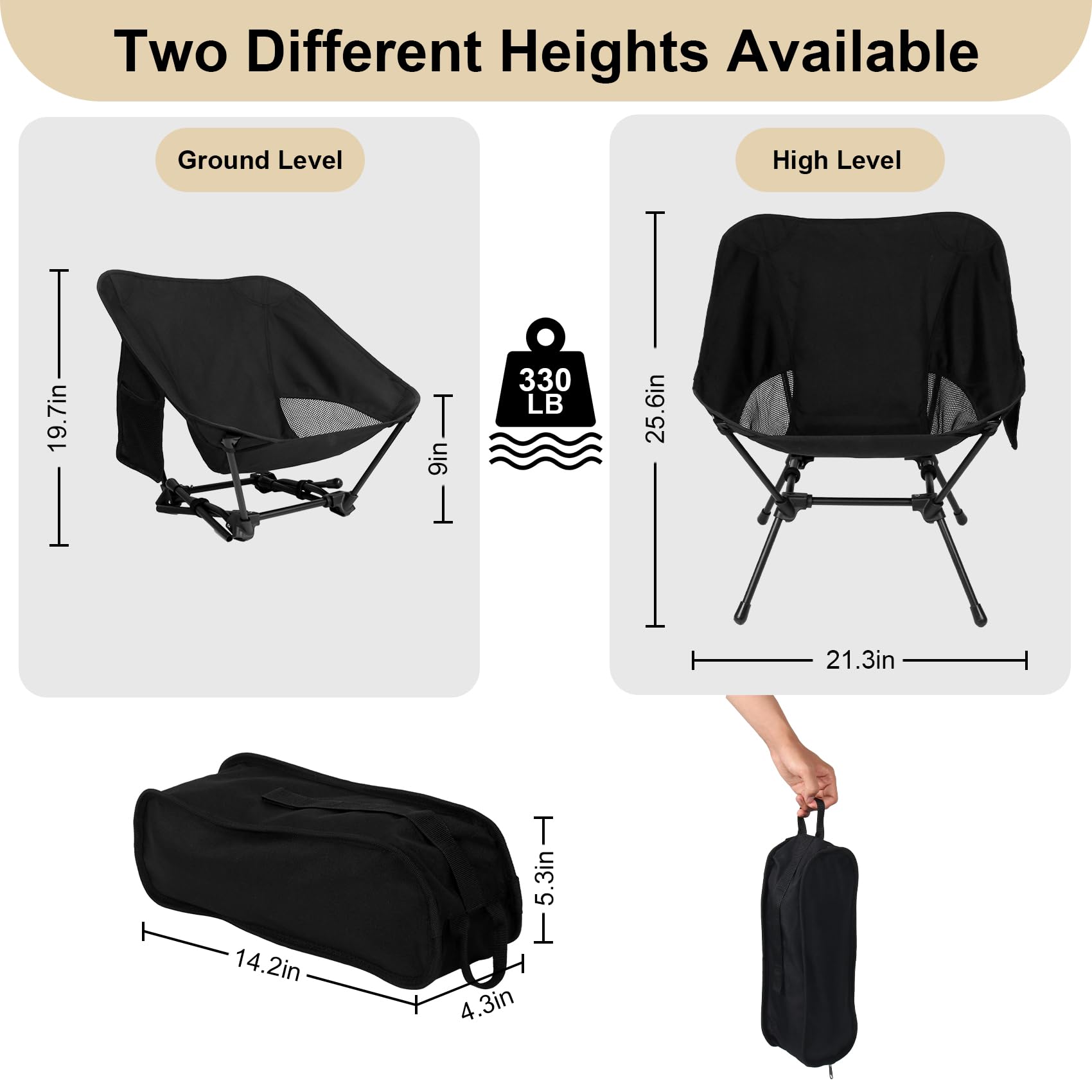 **Dreamoon Lightweight Foldable Camping Chair - Portable Backpack Chair with Side Pockets & Carry Bag, Adjustable Height Compact Outdoor Chair for Camping, Beach, Picnic, Hiking, Fishing, Travel - Perfect for Backyard BBQs, Tailgating & Outdoor Concerts - Black**