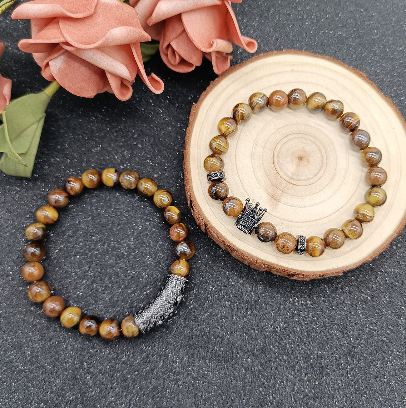 4 Pcs 8mm Crown King Bracelets for Men & Women - Tiger Eye & Black Matte Onyx Natural Stone Beads Set | Cool Unisex Jewelry Gift for Everyday Wear, Yoga & Meditation